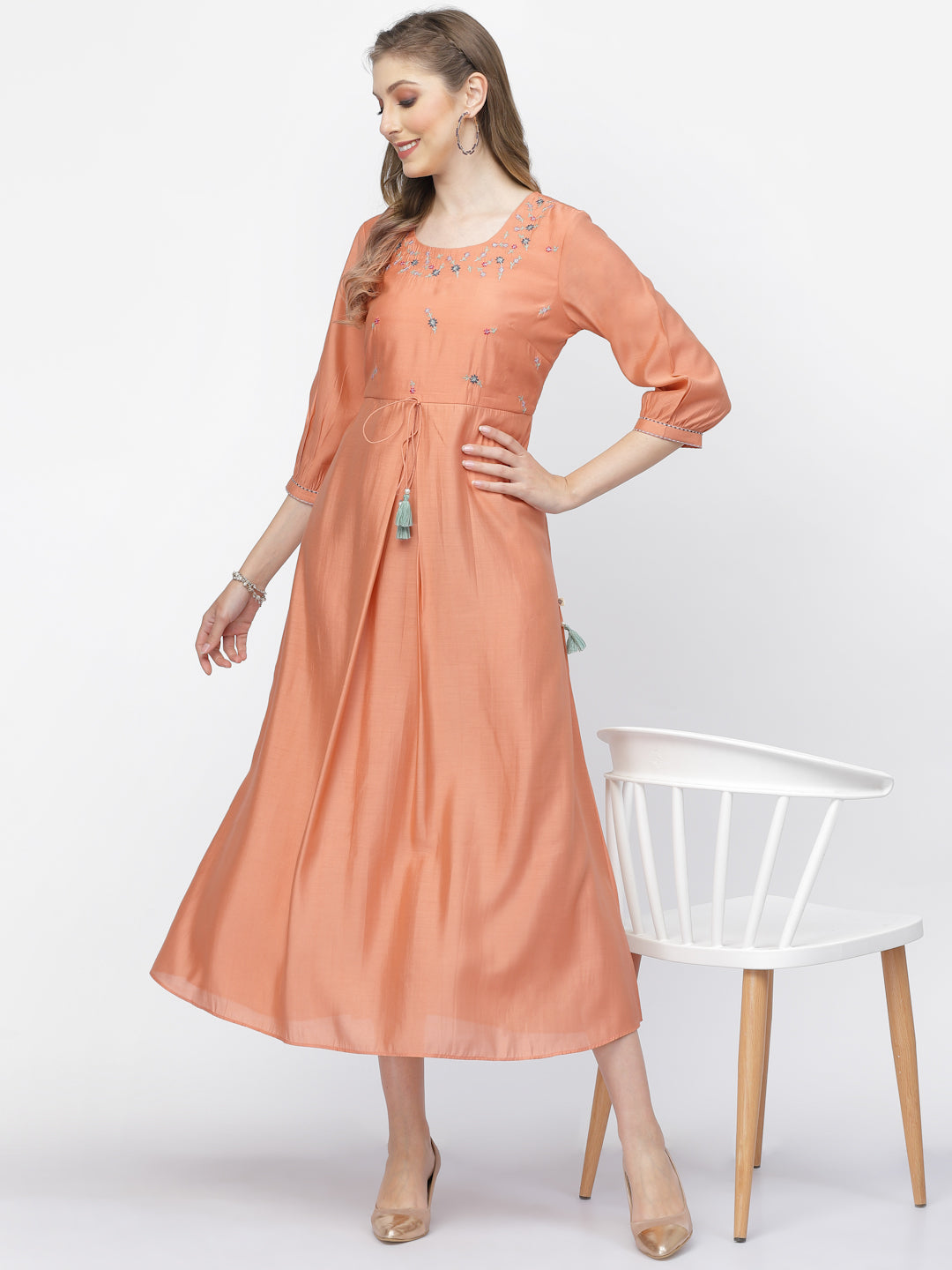 Pale Salmon Chanderi Silk Embroidered Summer Dress - ARH1376