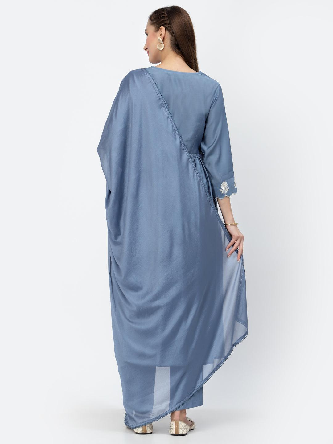 Gathered Flared Kurta With Trouser & Dupatta Set