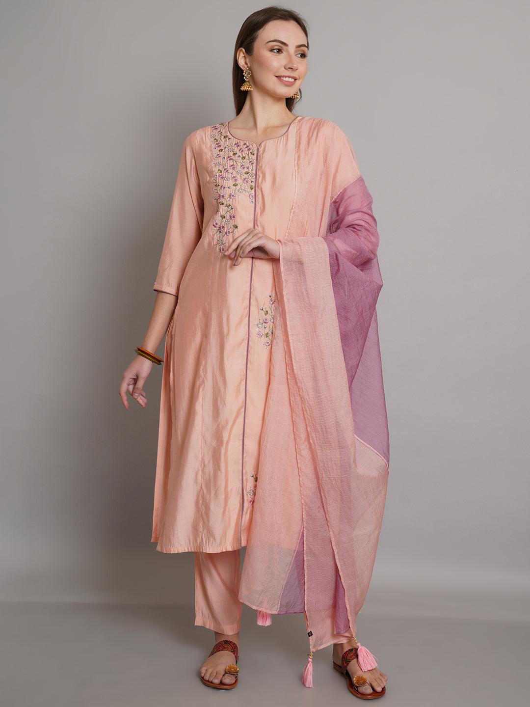 Peach Embroidered Straight Kurta With Trouser & Dupatta Set - ARH1385