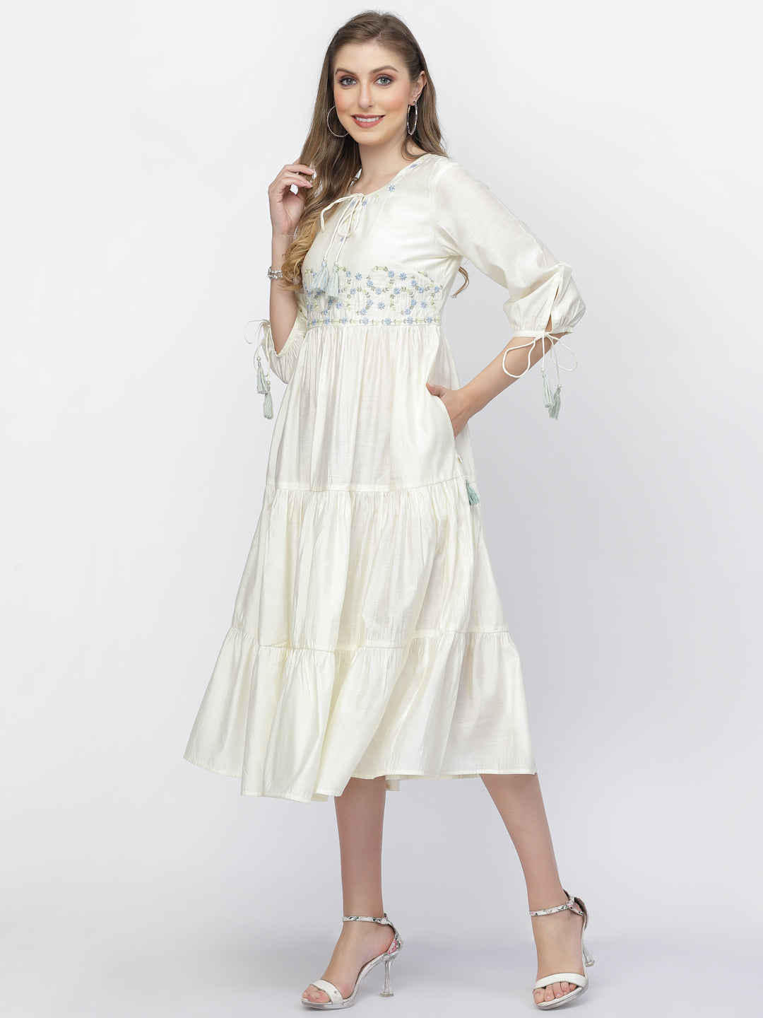 Soft Peach Chanderi Silk Embroidered Long Summer Dress - ARH1397