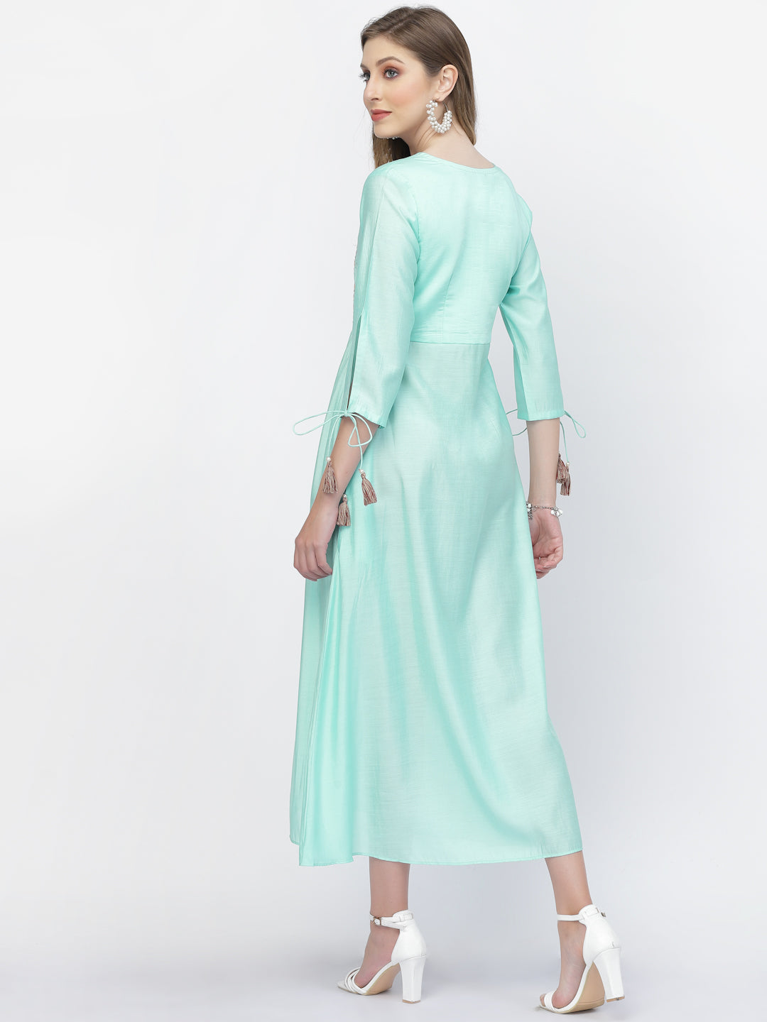 Greenish Cyan Chanderi Silk Embroidered Long Summer Dress - ARH1398