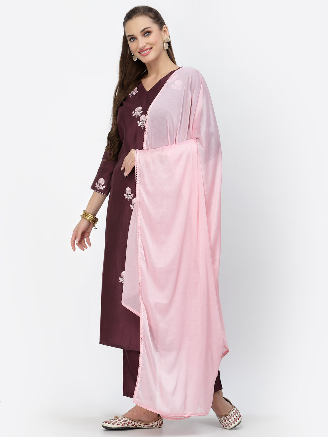 Wine Straight Kurta With Trouser & Dupatta Set - ARH1404