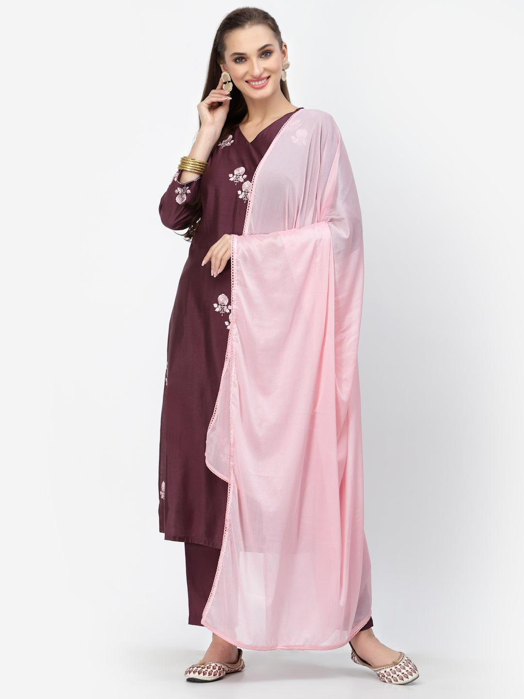 Wine Straight Kurta With Trouser & Dupatta Set - ARH1404