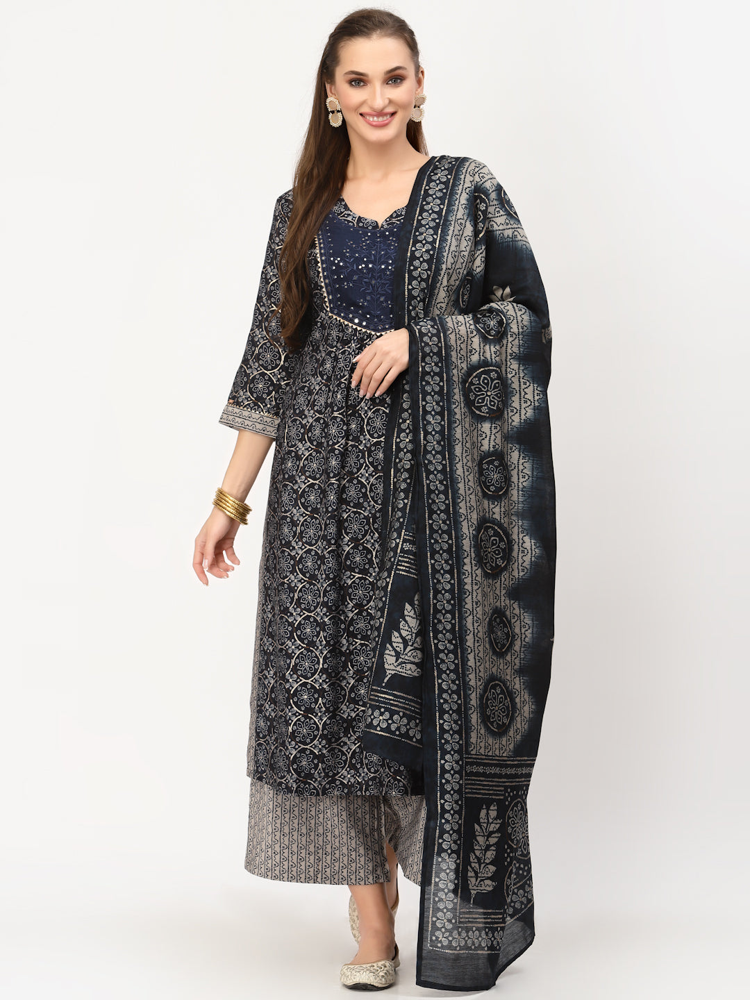 Navy Blue Straight Kurta With Palazzo & Dupatta Set - ARH1430B