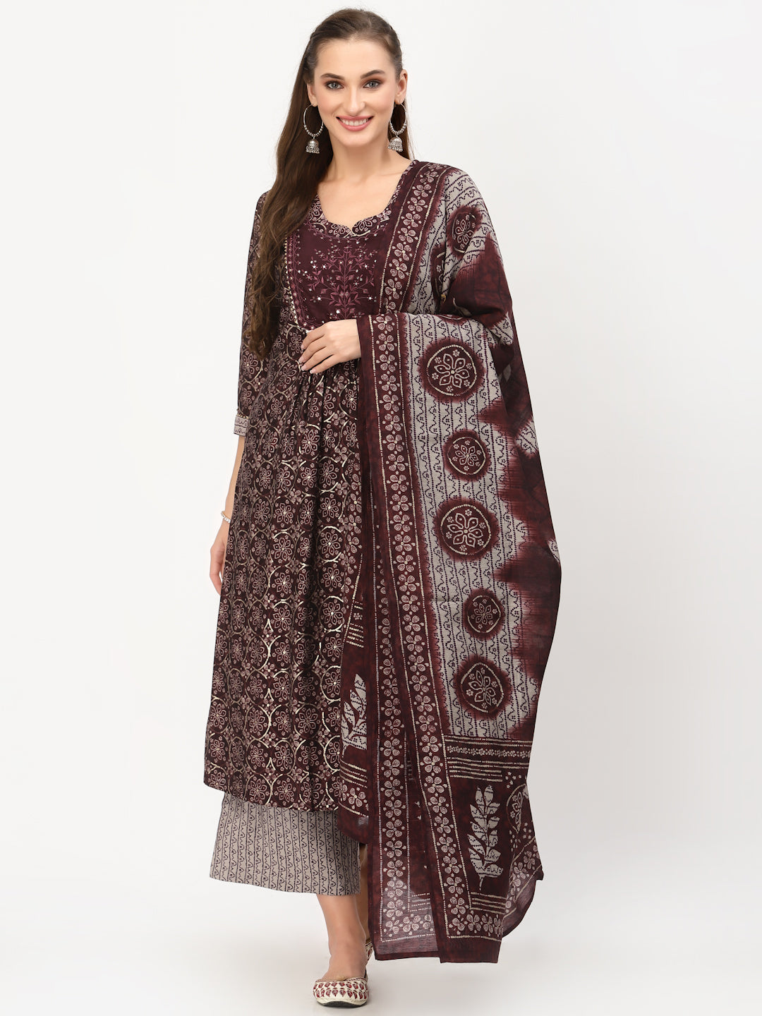 Wine Printed Kurta With Palazzo & Dupatta Set - ARH1430W