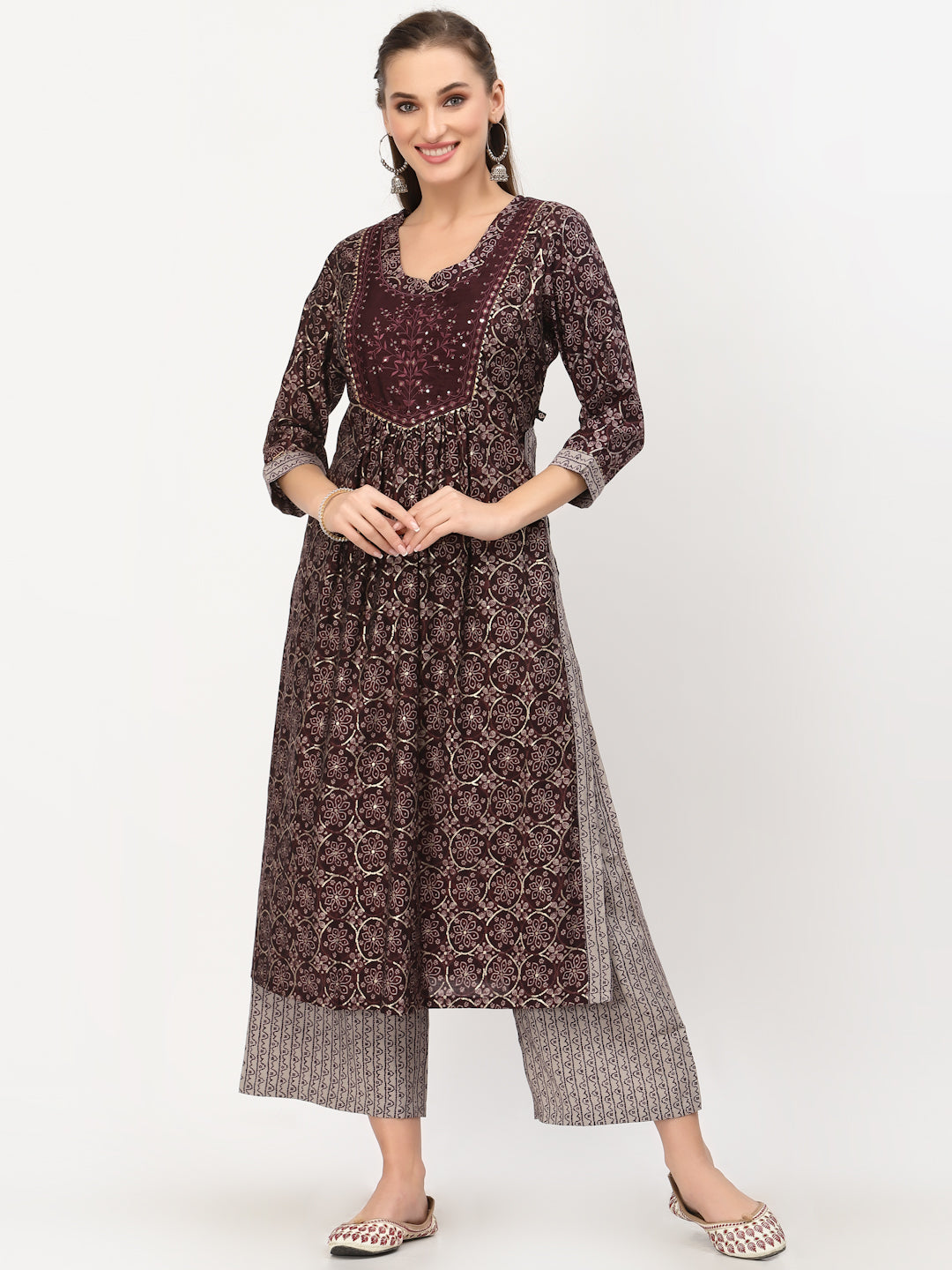 Wine Printed Kurta With Palazzo & Dupatta Set - ARH1430W