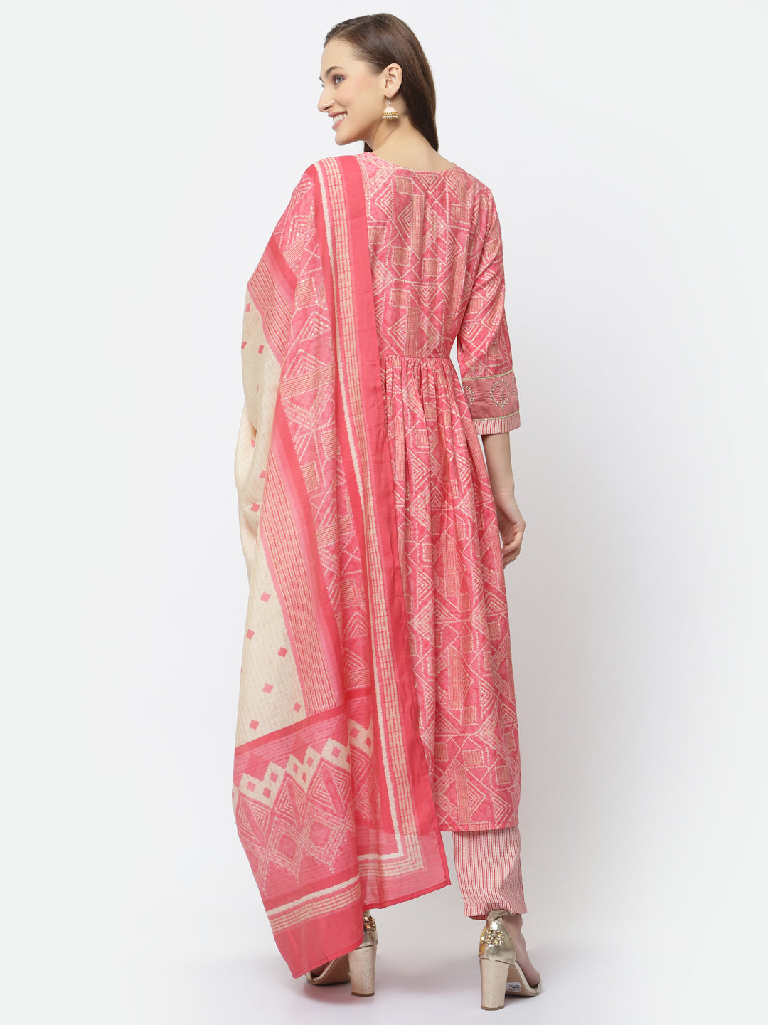 Pastel Red Foil Printed Chanderi Silk Kurta Set with Embroidery - ARH1433P