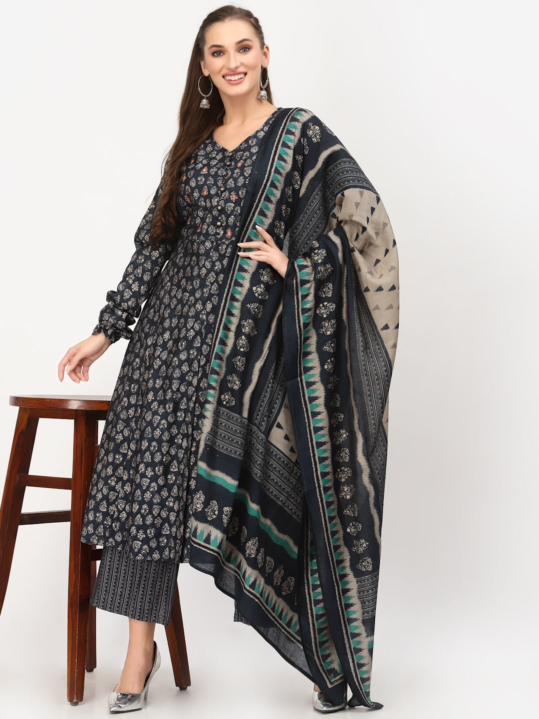 Navy Blue A-Line Kurta With Palazzo & Dupatta Set - ARH1459B