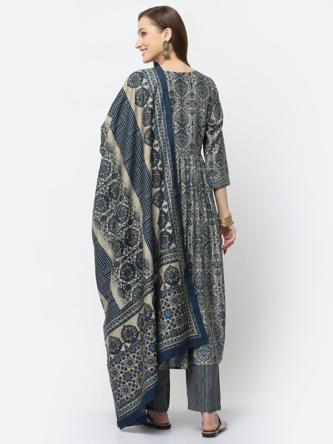 Floral Foil Printed and Paisley Embroidered Flared Kurta Set with Pant and Dupatta - ARH1462B