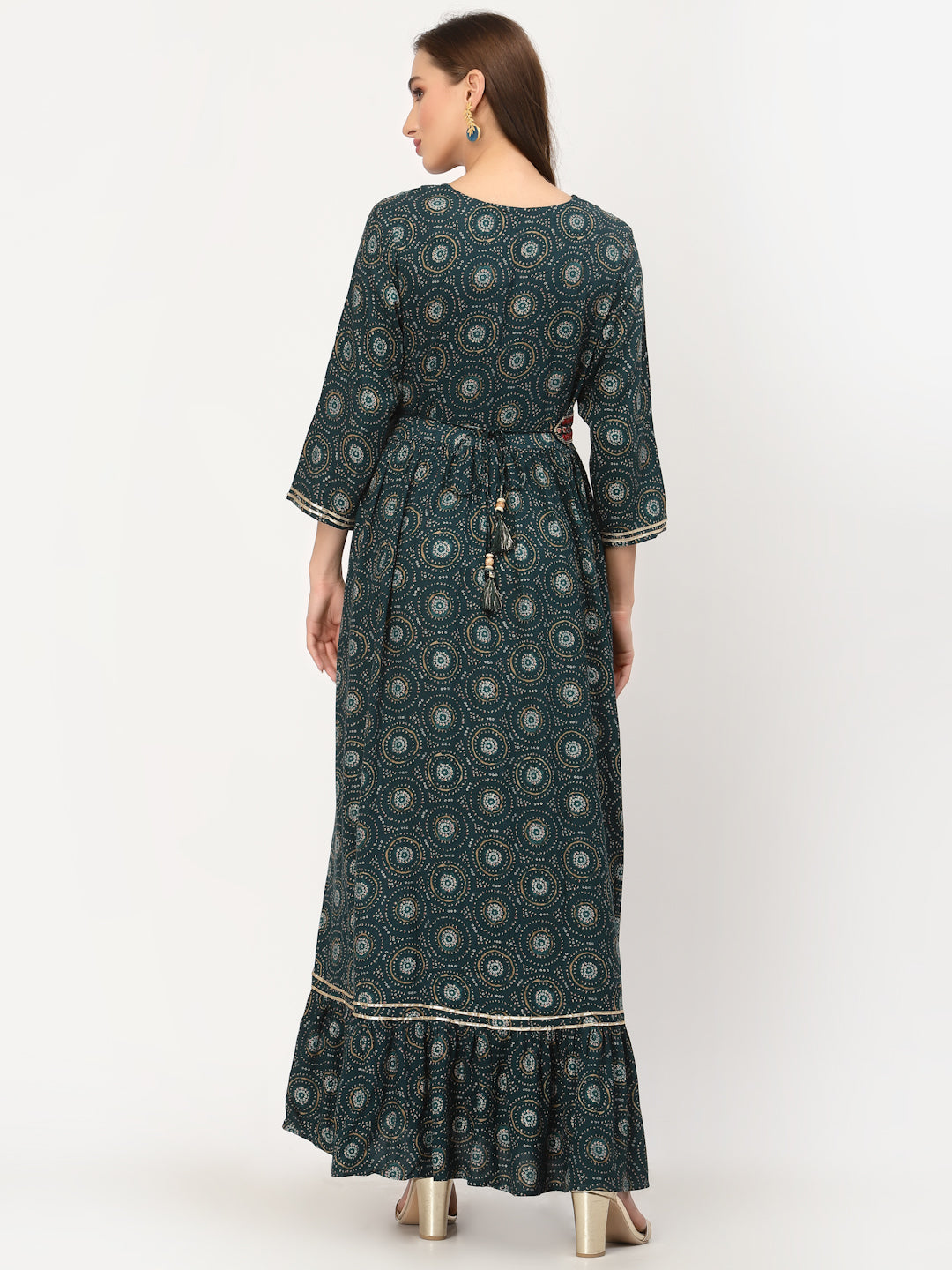 Teal Bandhani Printed Ruffled Dress With Tie Up Belt - ARH1465G
