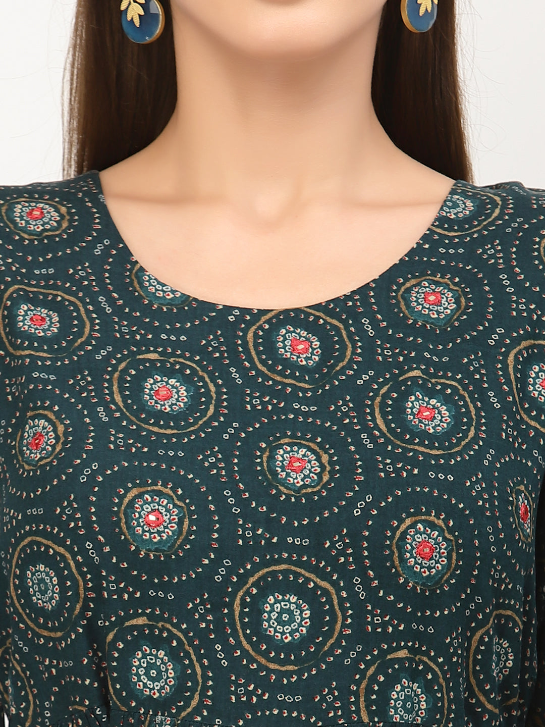 Teal Bandhani Printed Ruffled Dress With Tie Up Belt - ARH1465G