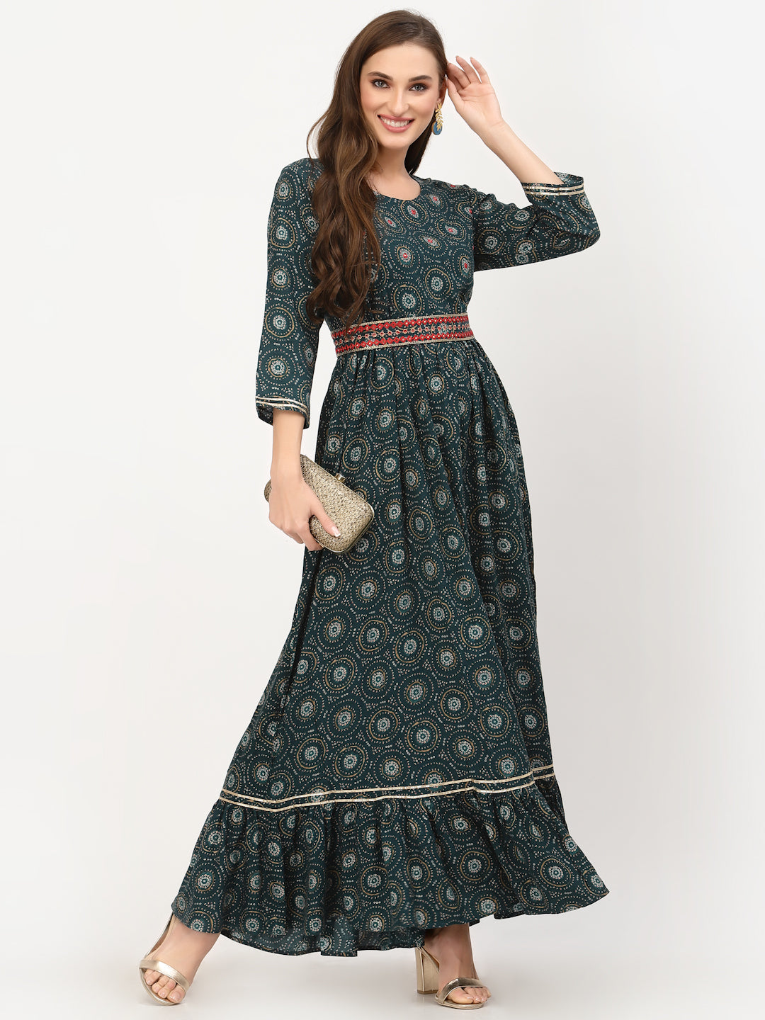 Teal Bandhani Printed Ruffled Dress With Tie Up Belt - ARH1465G