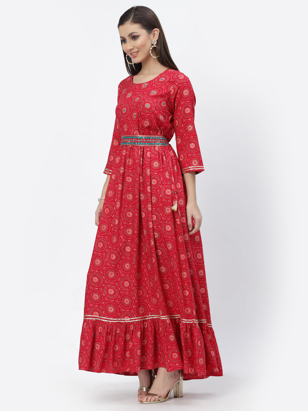 Bandhani Printed Ruffled Dress With Tie Up Belt - ARH1465R