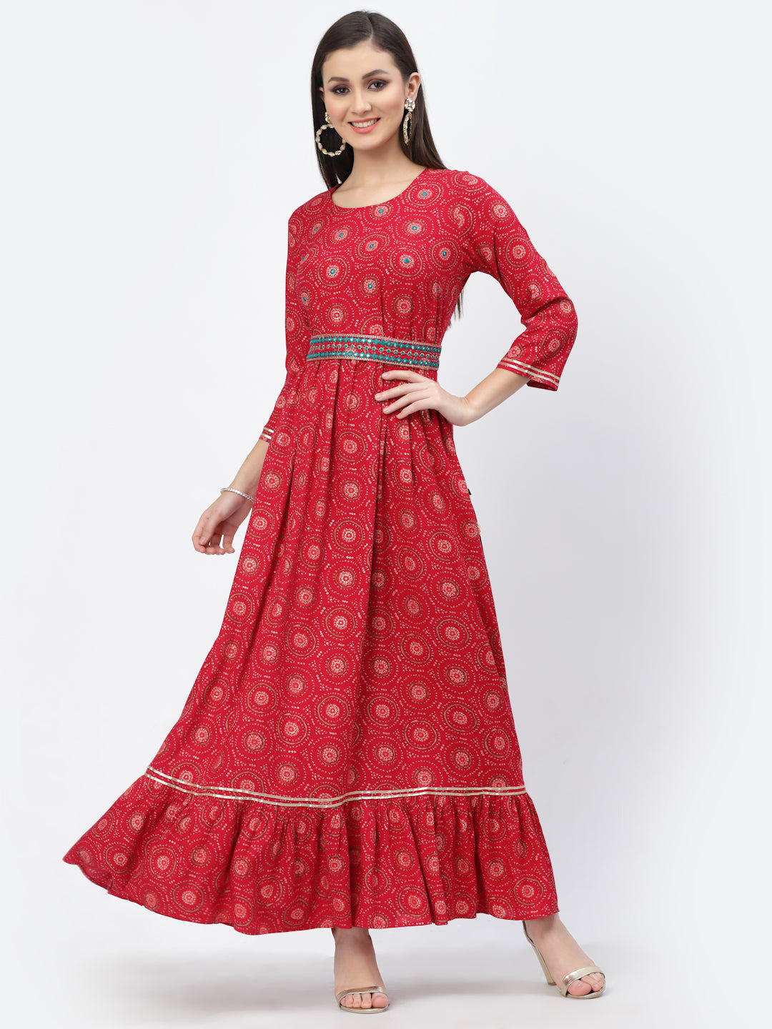 Bandhani Printed Ruffled Dress With Tie Up Belt - ARH1465R