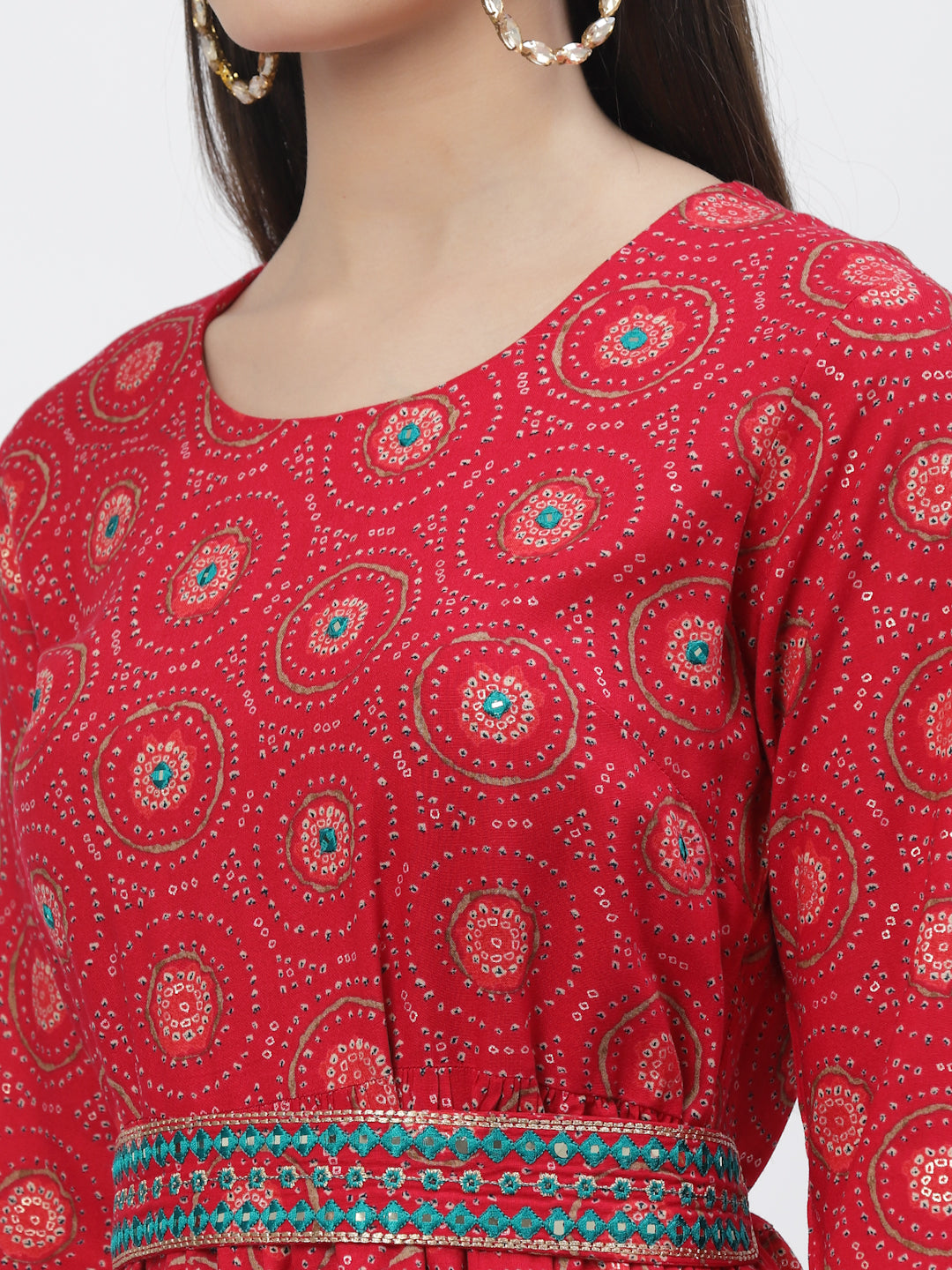 Bandhani Printed Ruffled Dress With Tie Up Belt - ARH1465R