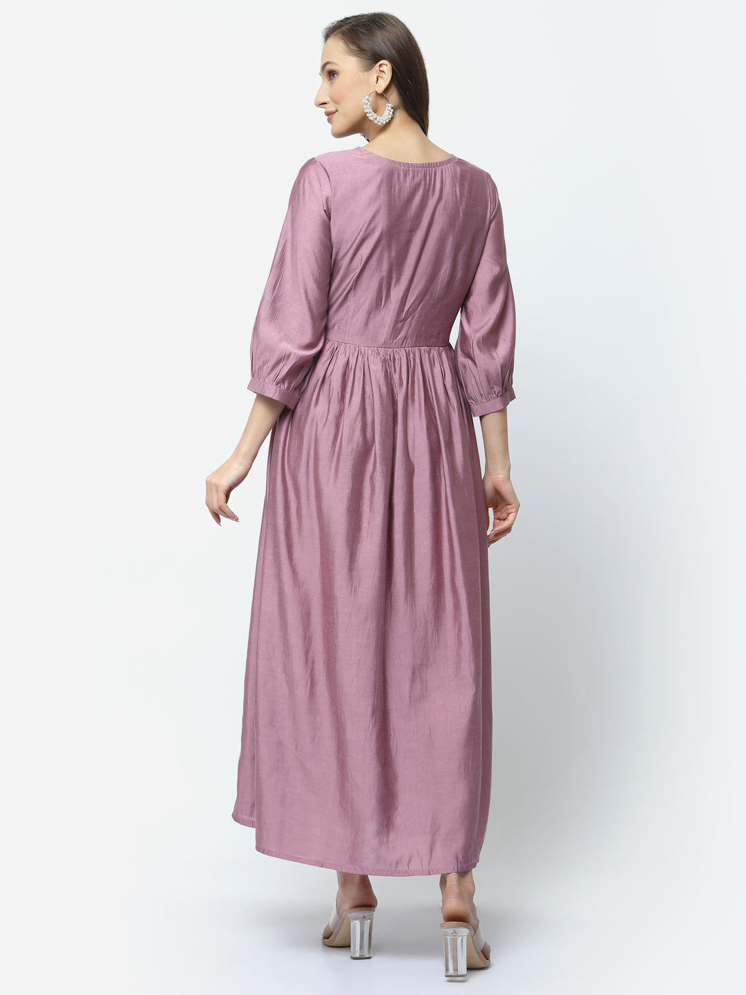 Light Mauve Maxi Flared Dress with Neck Embroidery Detailing - ARH1476