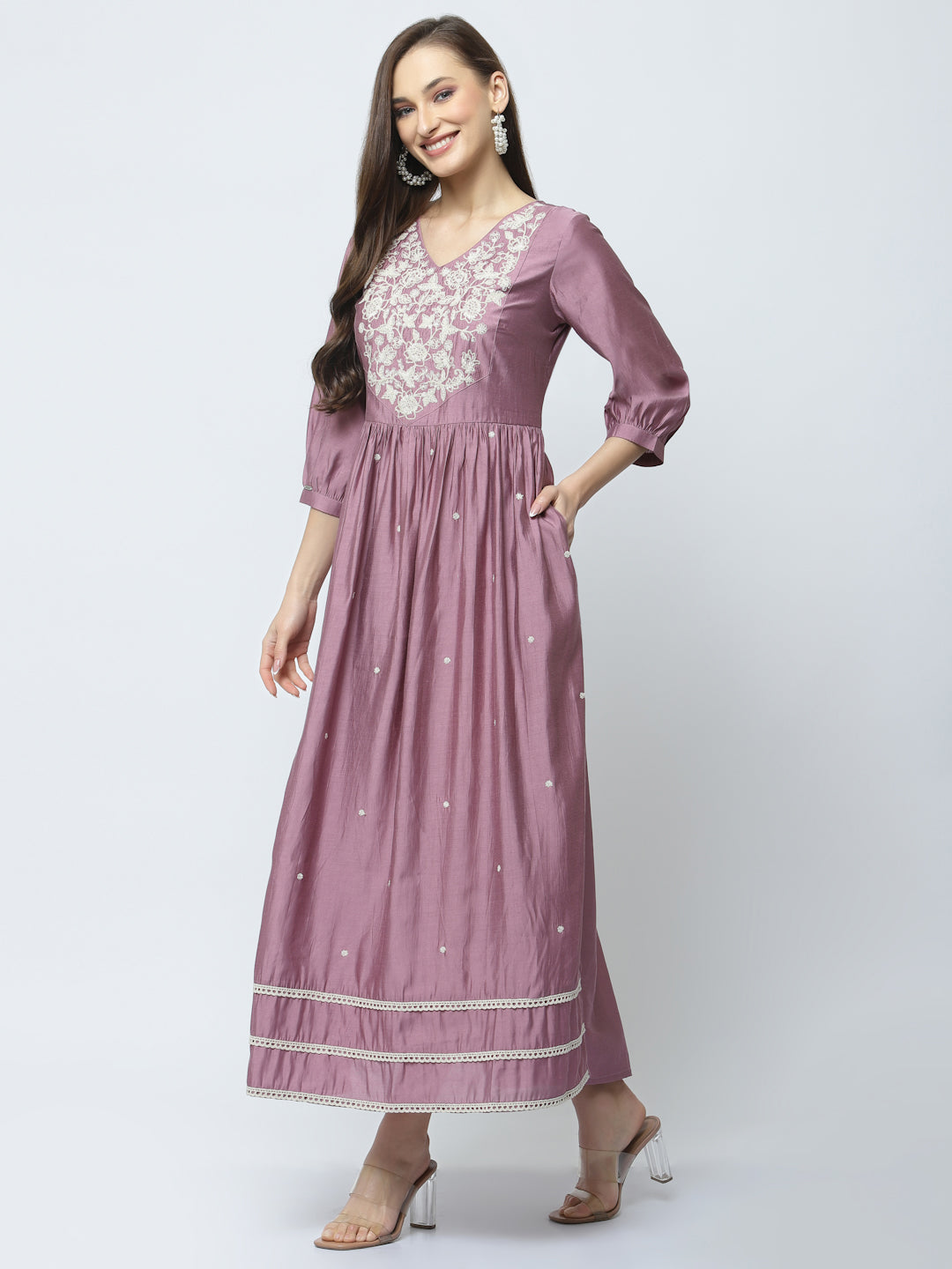 Light Mauve Maxi Flared Dress with Neck Embroidery Detailing - ARH1476