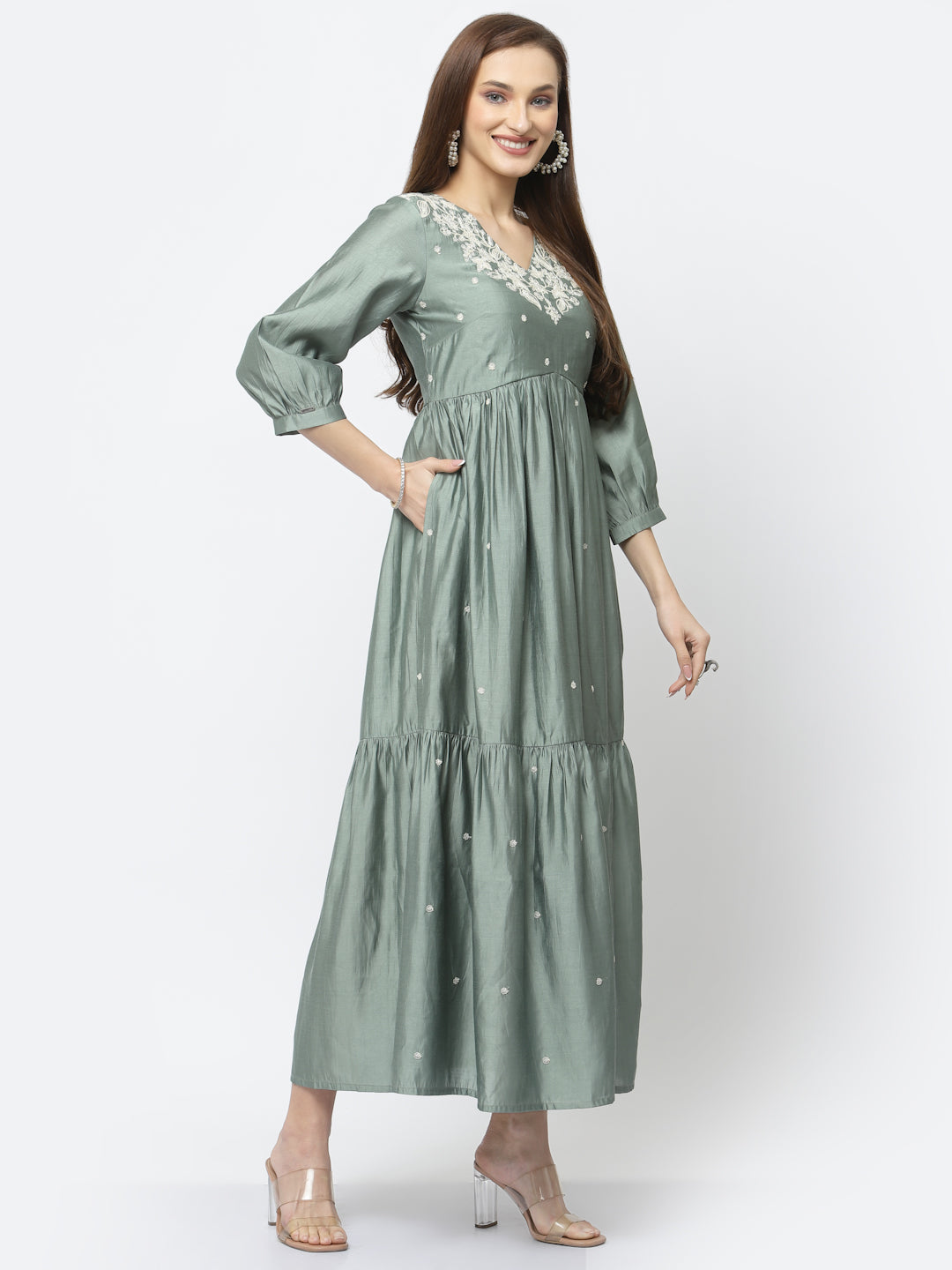 Spanish Green Maxi Flared Dress with All-Over Embroidery and Ruffled Hemline - ARH1477