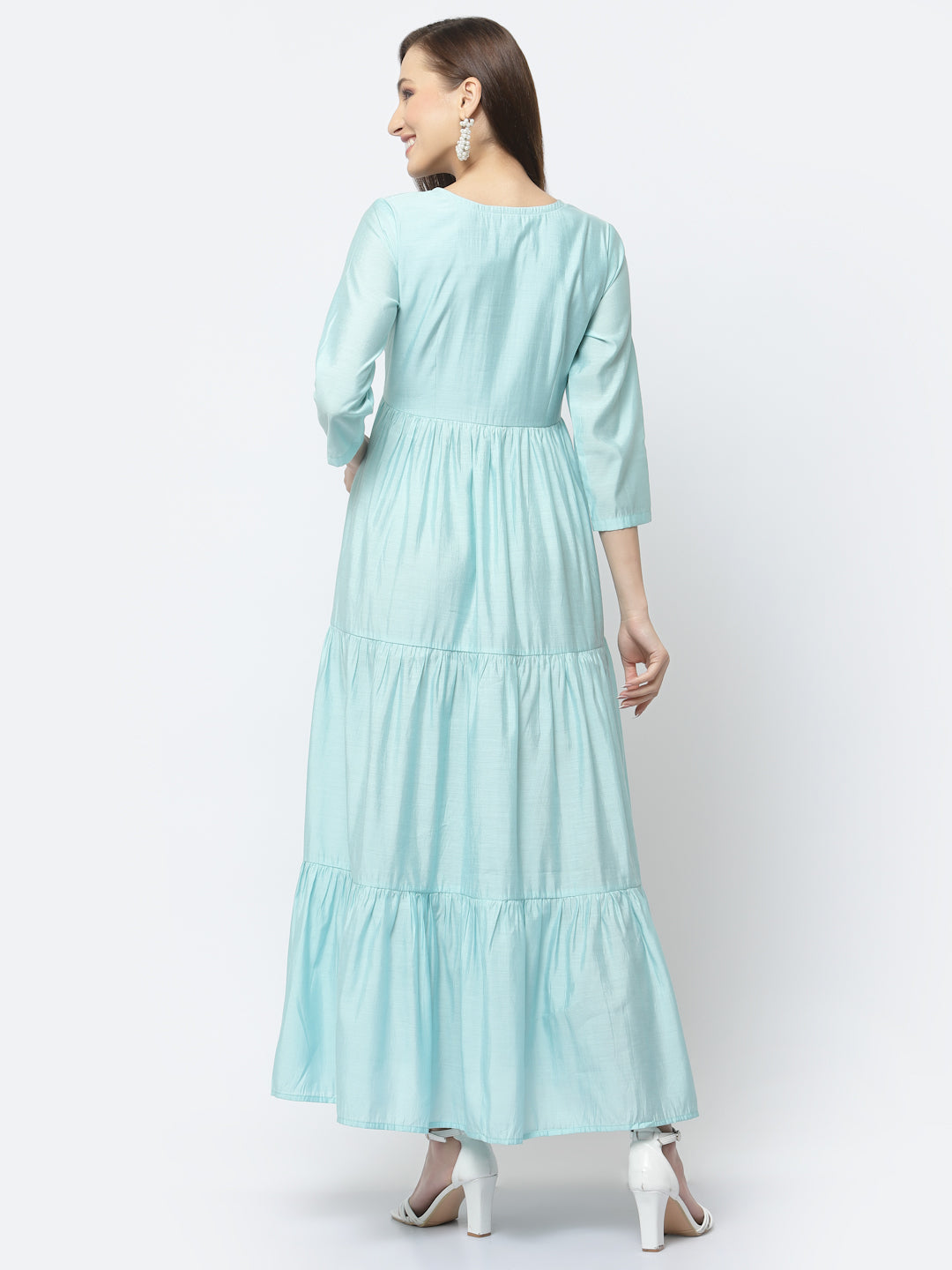 Pale Blue Lily Maxi Dress with All Over Embroidery and Lace Detailing, Side Pockets - ARH1480