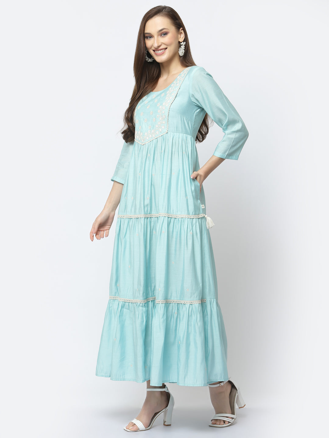 Pale Blue Lily Maxi Dress with All Over Embroidery and Lace Detailing, Side Pockets - ARH1480
