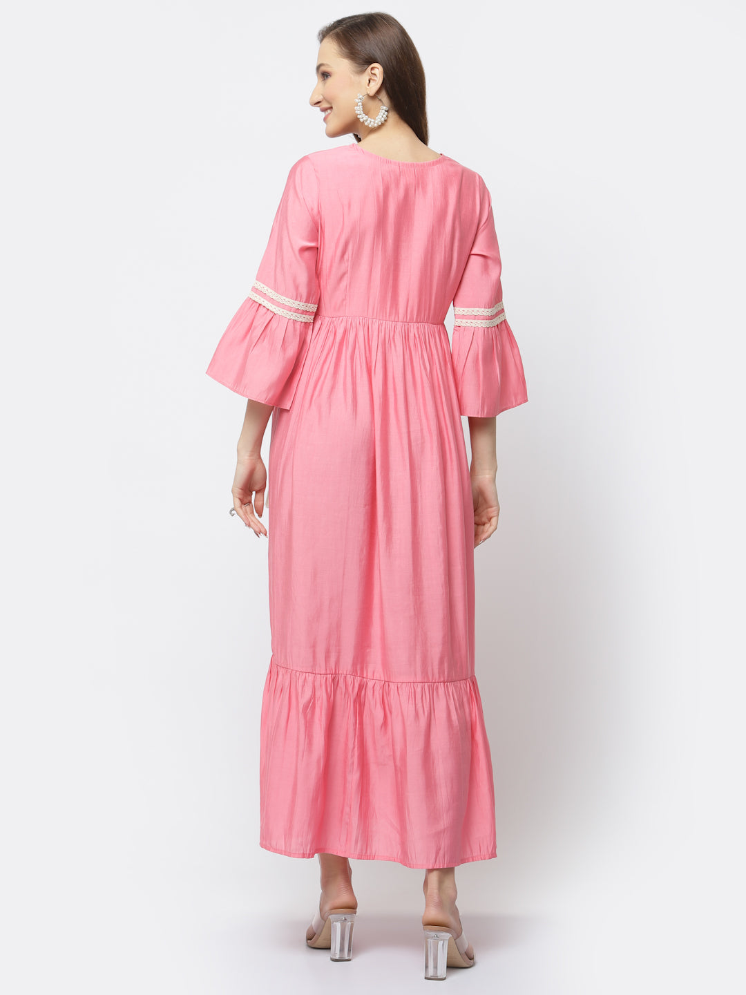 Flamingo Pink Chanderi Silk Maxi Dress with Embroidery Work - ARH1481