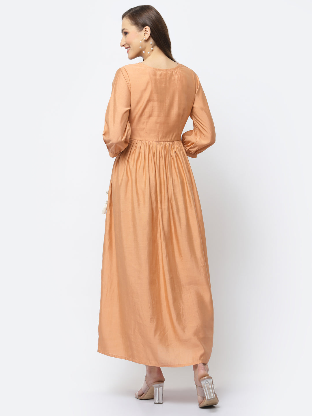 Deep Peach Maxi Flared Dress with Side Pockets and Embroidery Detailing - ARH1482
