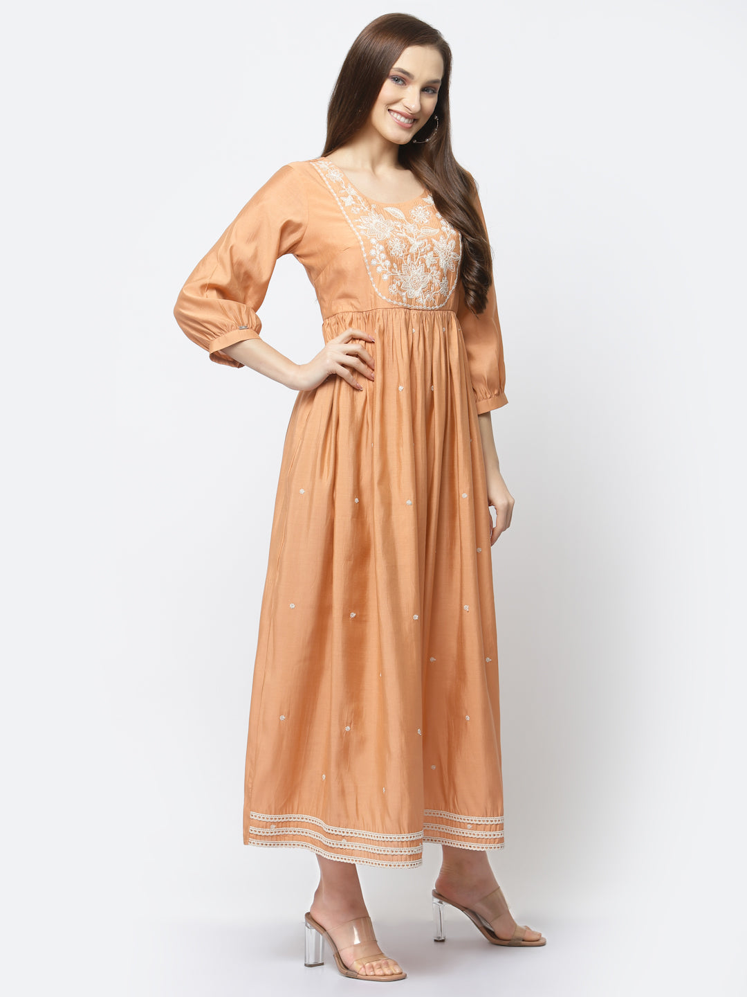 Deep Peach Maxi Flared Dress with Side Pockets and Embroidery Detailing - ARH1482