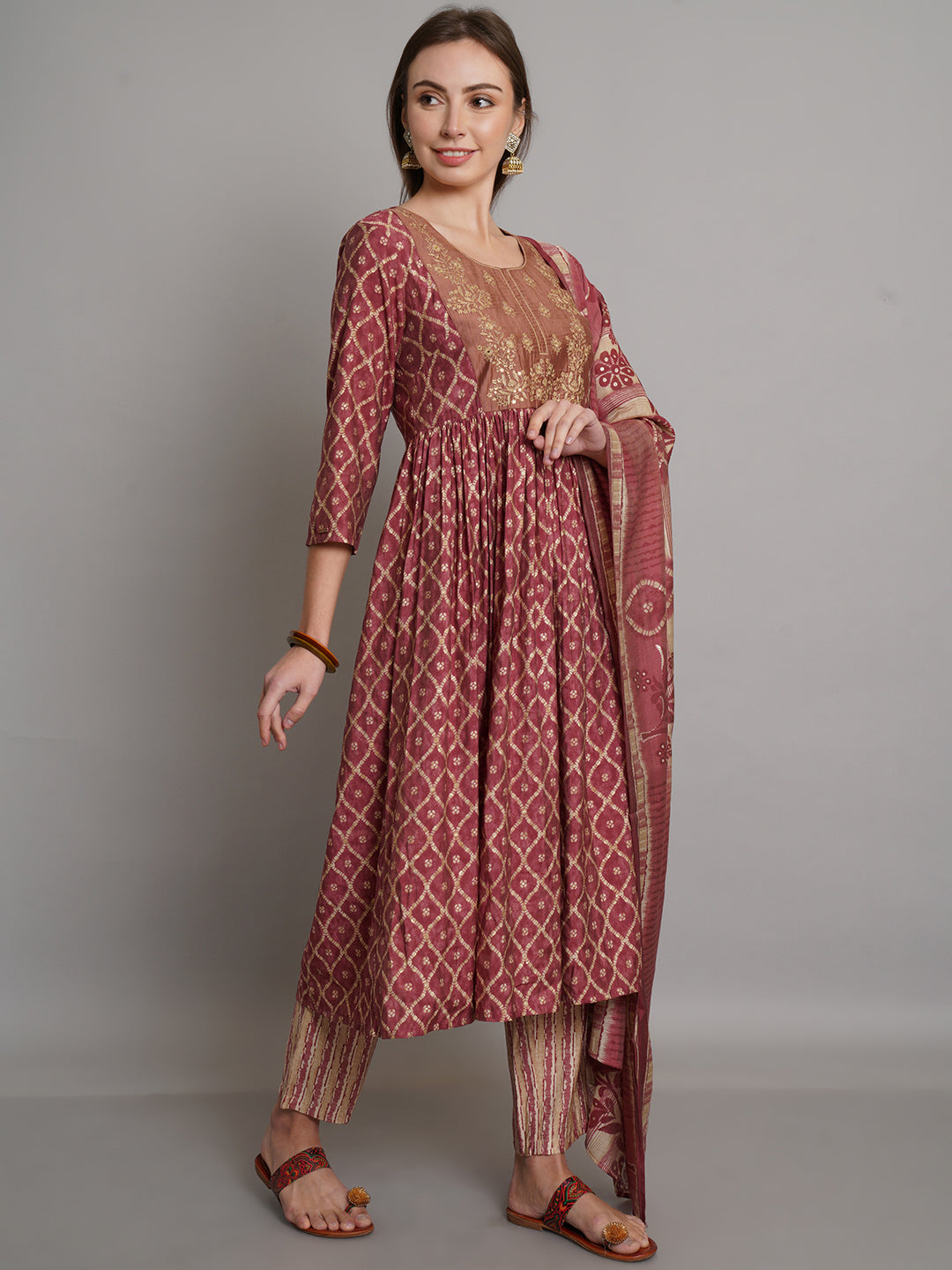 Bandhani Printed Flared Kurta With Trouser & Dupatta Set - ARH1486M