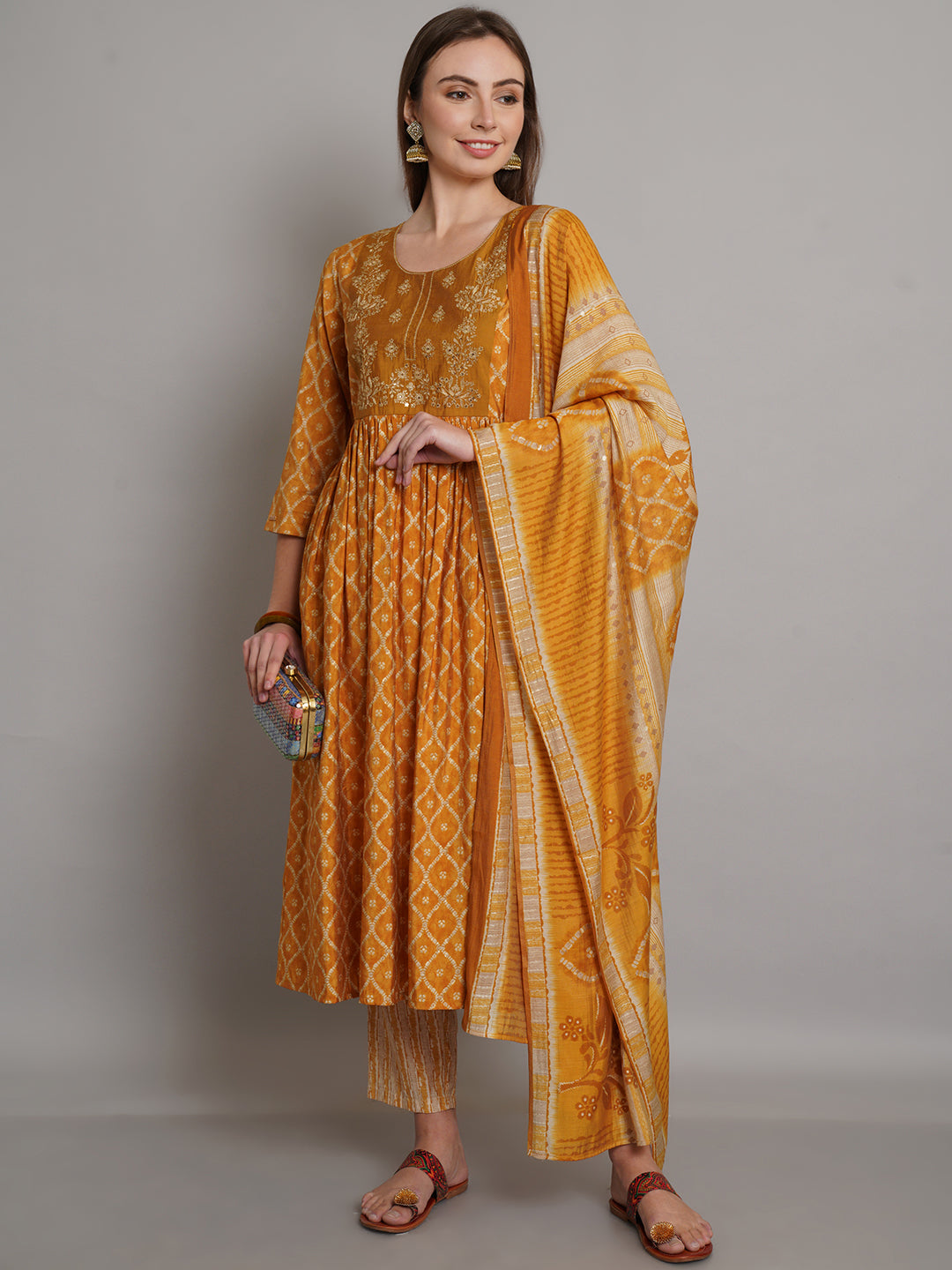 Mustard Bandhani Printed Flared Kurta With Trouser & Dupatta Set - ARH1486Y