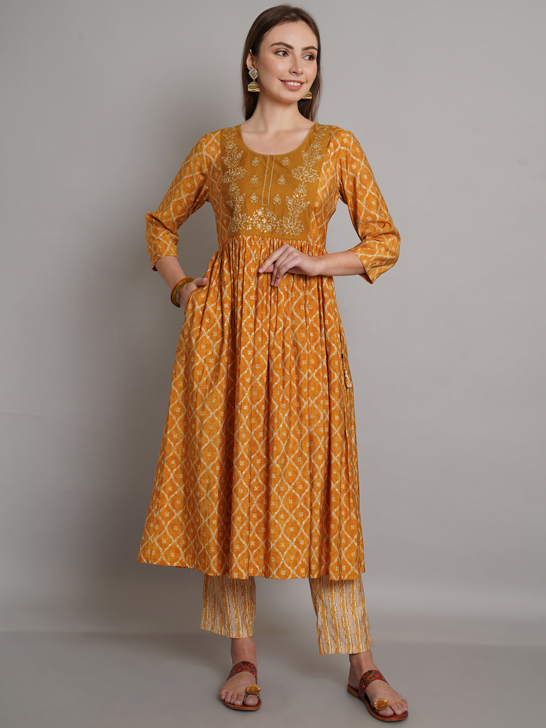 Mustard Bandhani Printed Flared Kurta With Trouser & Dupatta Set - ARH1486Y