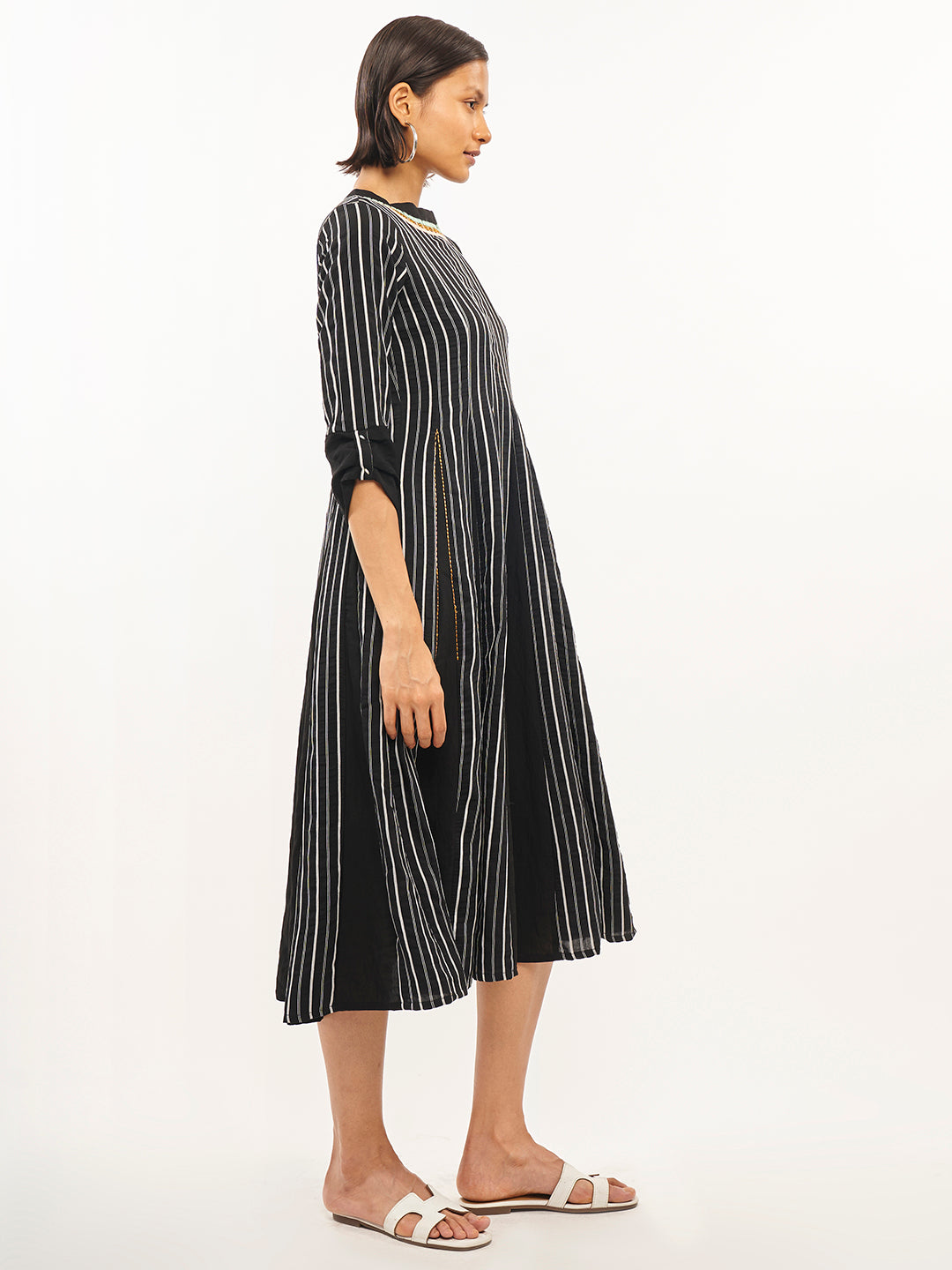 Black Striped Flared Dress - ARH148
