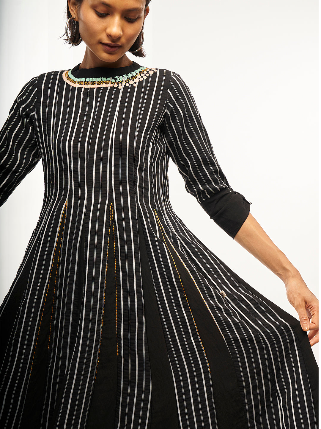 Black Striped Flared Dress - ARH148