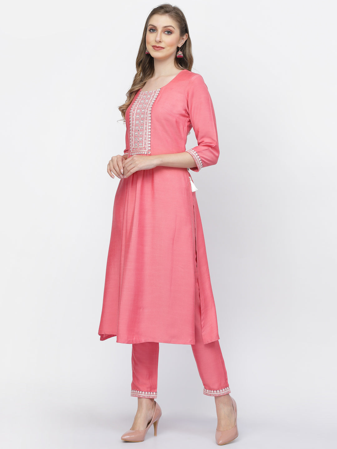 Embroidered Sweet Pink Viscose Silk Kurta Pant Set with Gathers - ARH1625