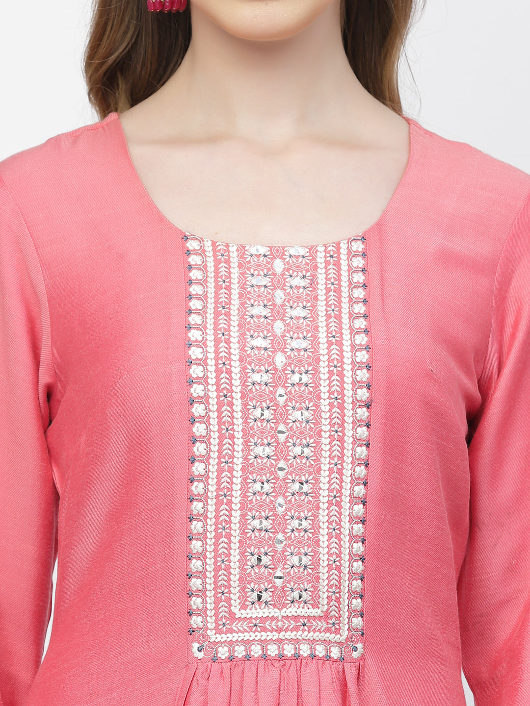 Embroidered Sweet Pink Viscose Silk Kurta Pant Set with Gathers - ARH1625