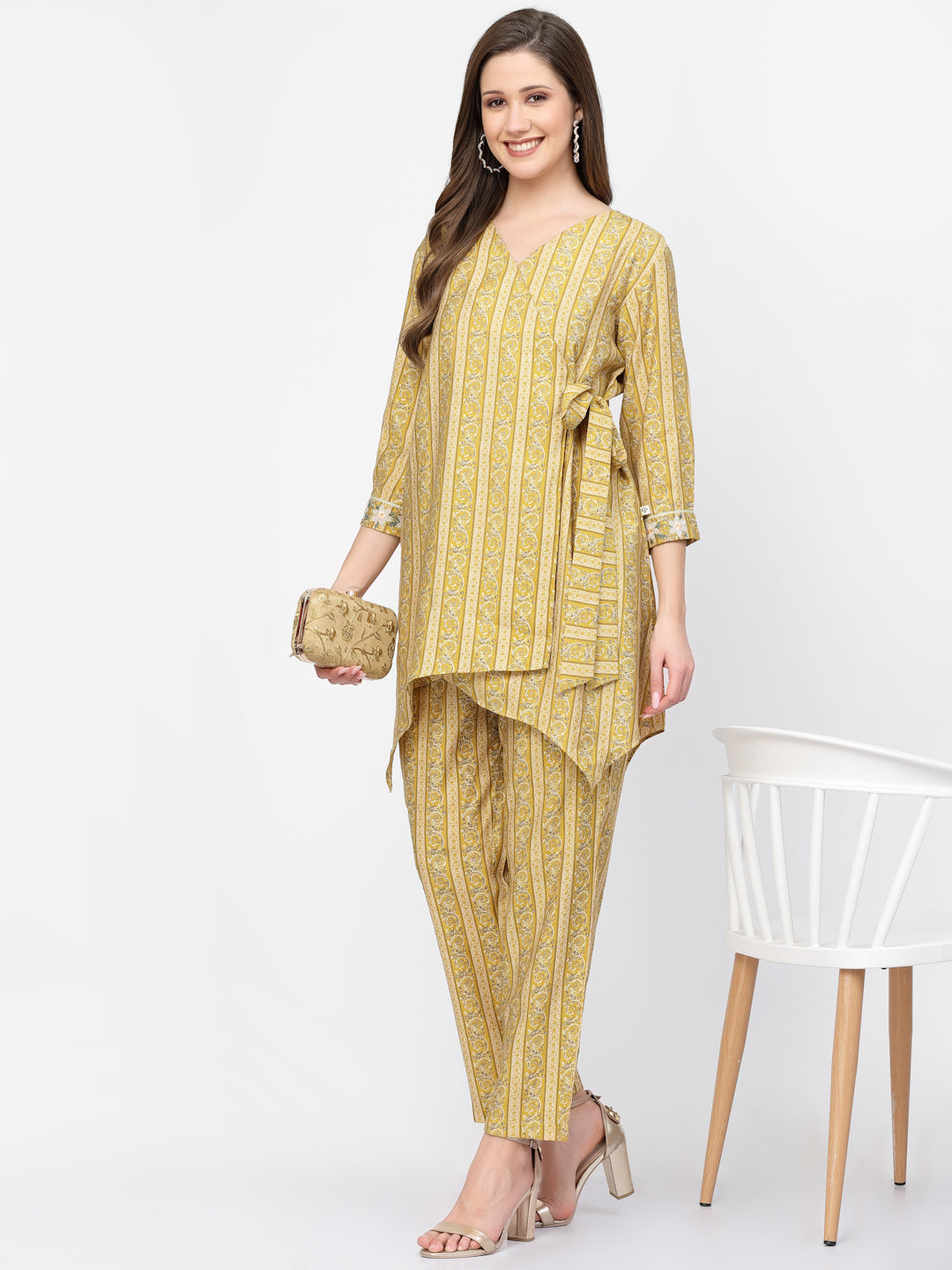 Yellow Bandhani Printed Chanderi Silk Angrakha Pant Co-Ord Set - ARH1737