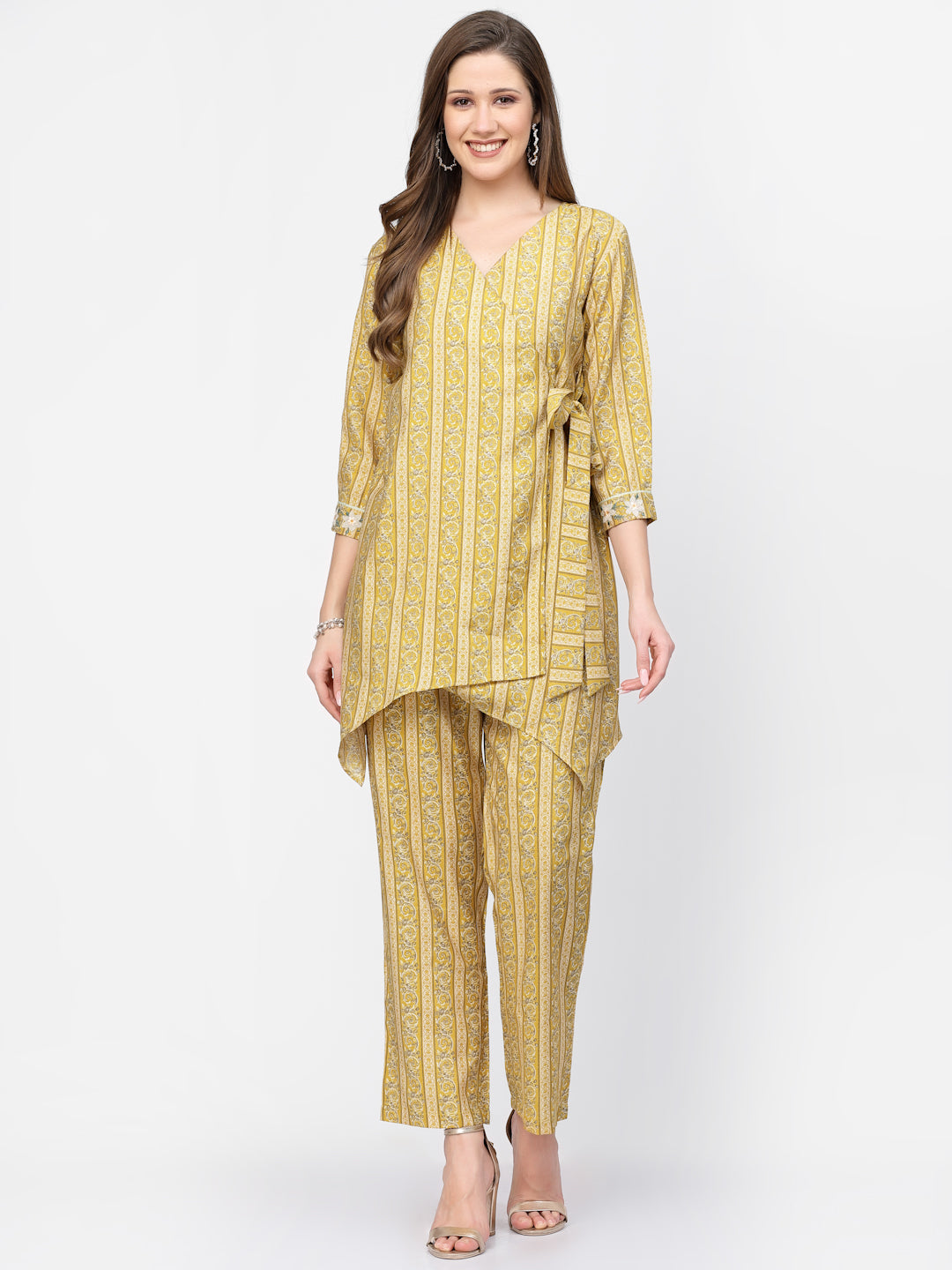 Yellow Bandhani Printed Chanderi Silk Angrakha Pant Co-Ord Set - ARH1737