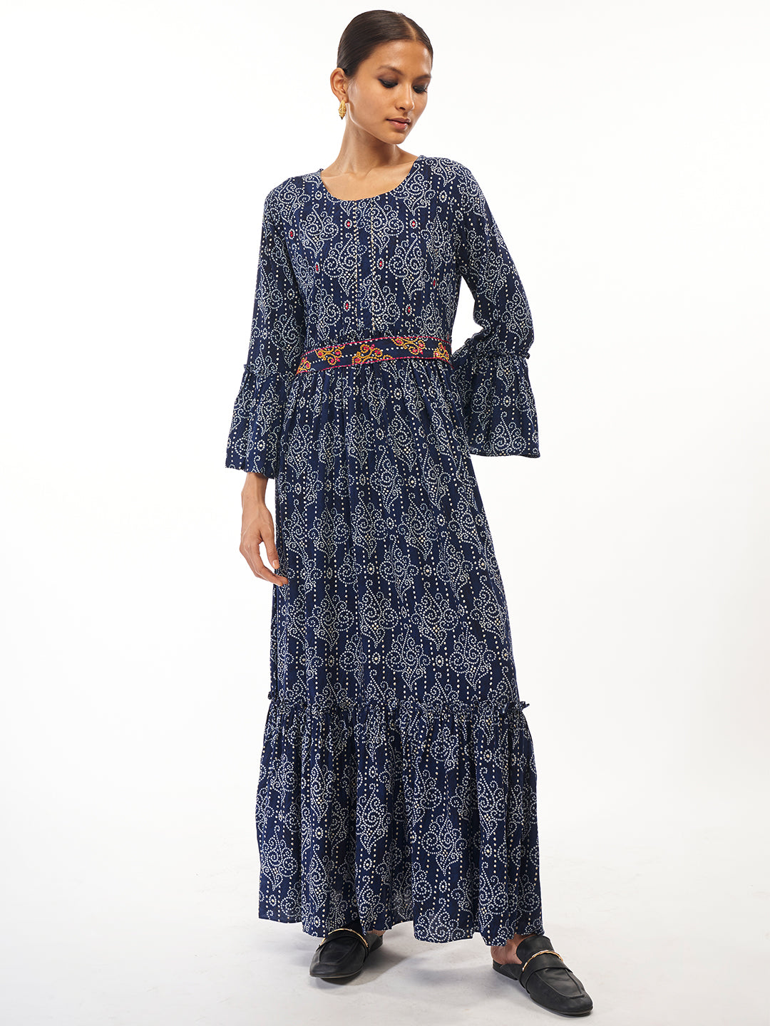 Bandhani Print Tie Up Long Maxi Dress - ARH248B