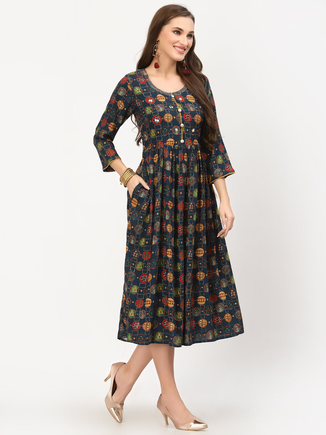 Navy Blue Fit & Flared Printed Dress - ARH333BE