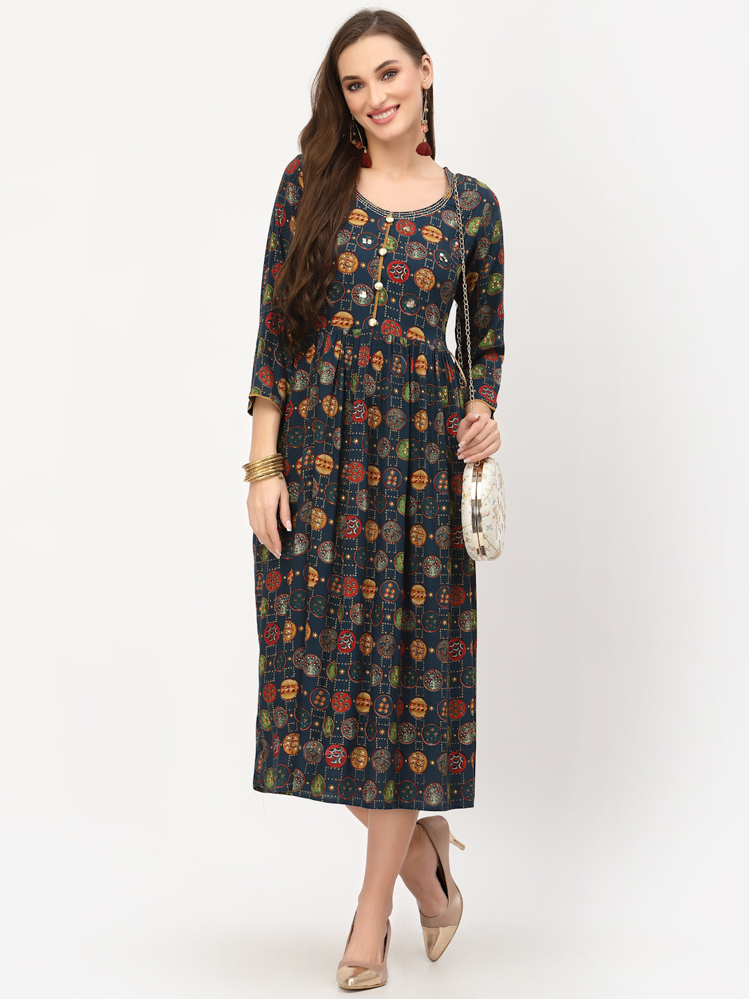 Navy Blue Fit & Flared Printed Dress - ARH333BE