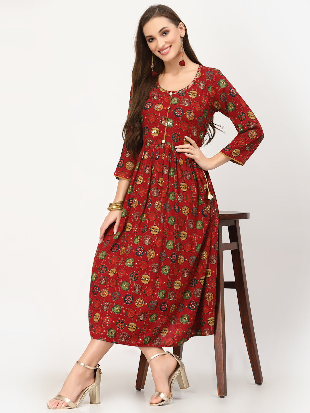 Red Fit & Flared Printed Dress - ARH333RD