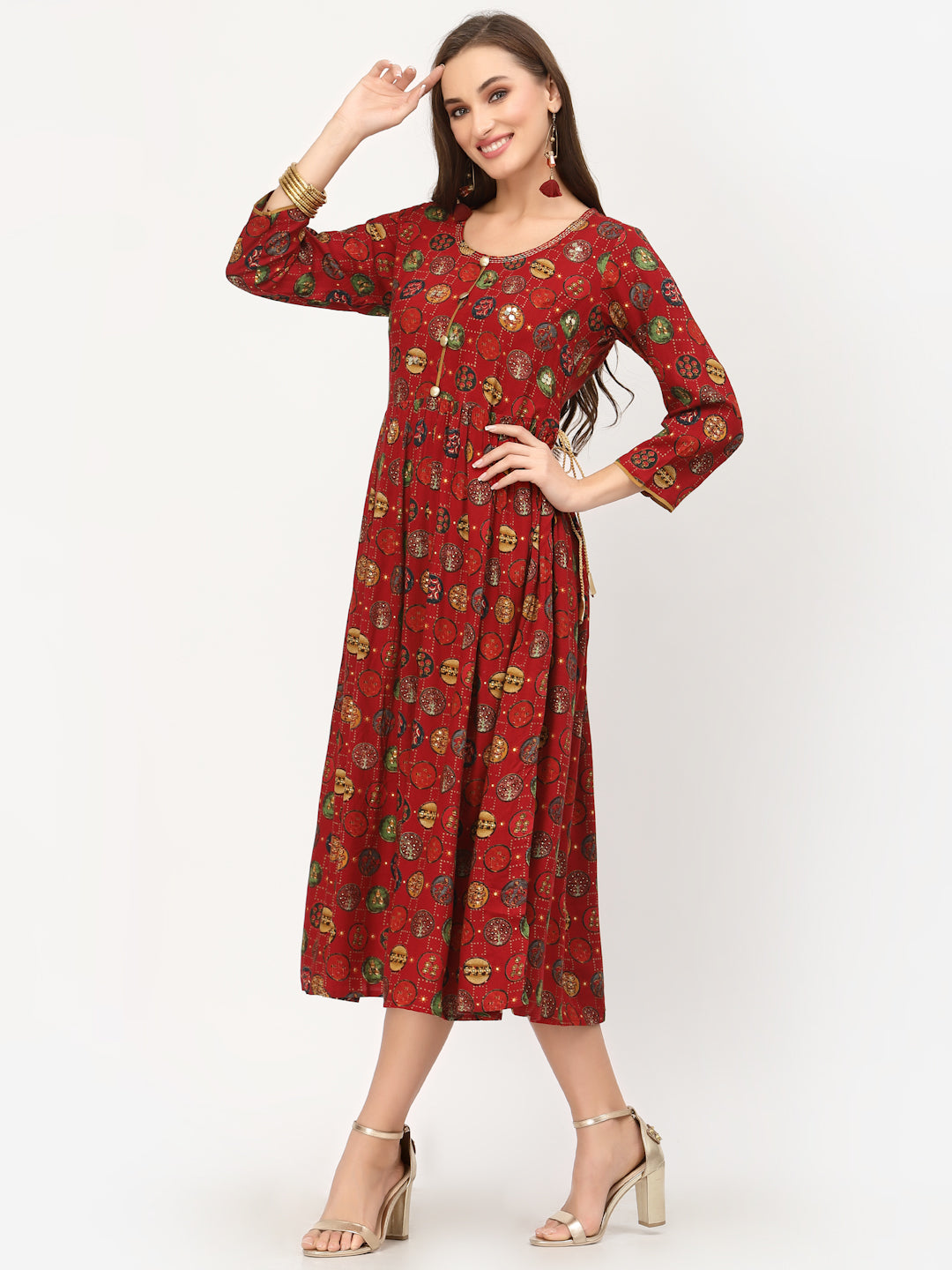 Red Fit & Flared Printed Dress - ARH333RD
