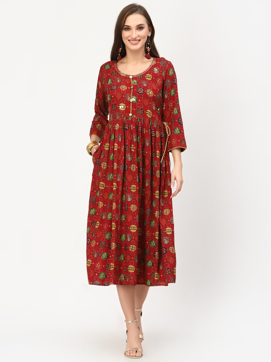 Red Fit & Flared Printed Dress - ARH333RD