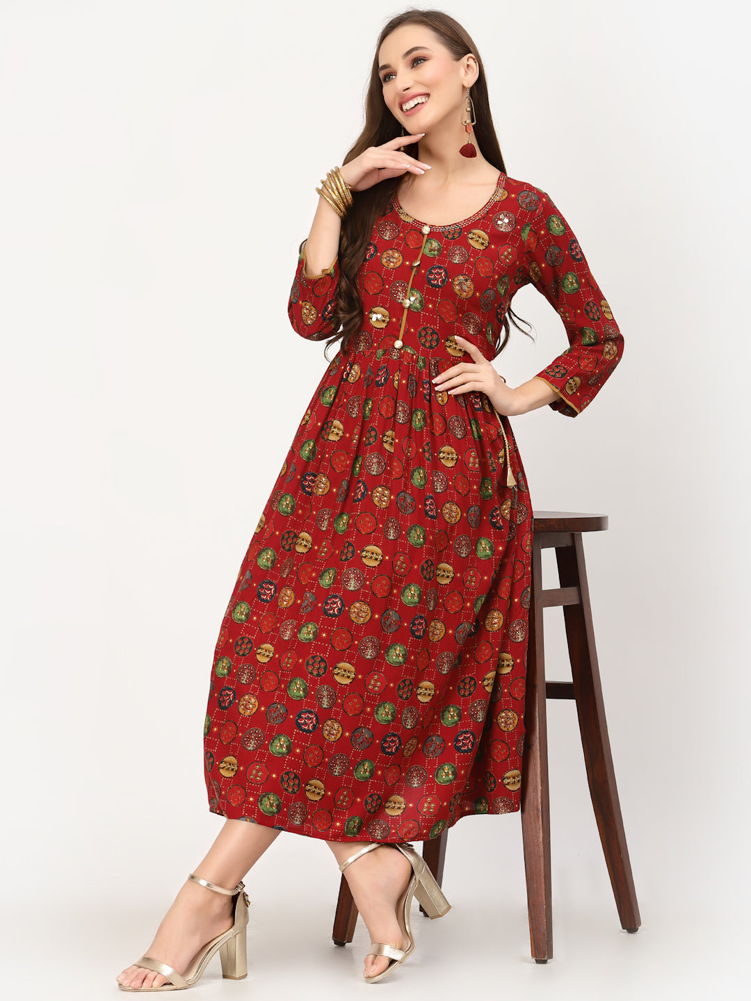 Red Fit & Flared Printed Dress - ARH333RD