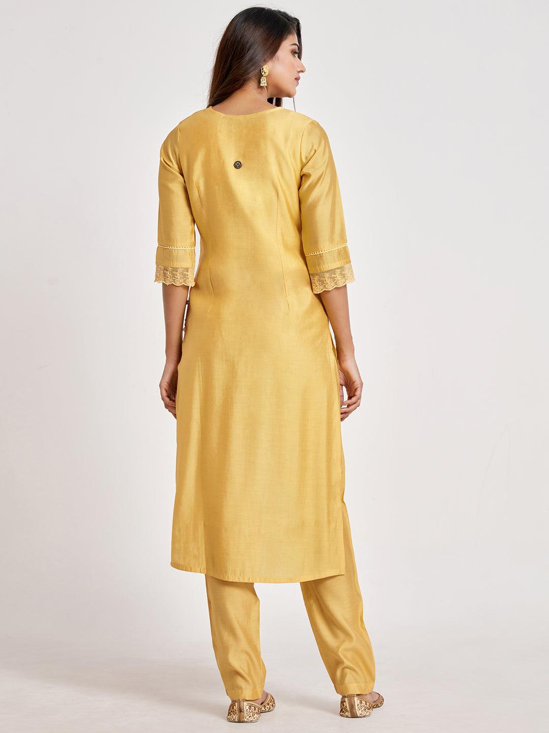 Pale Yellow  Embroidered Straight Kurta Set