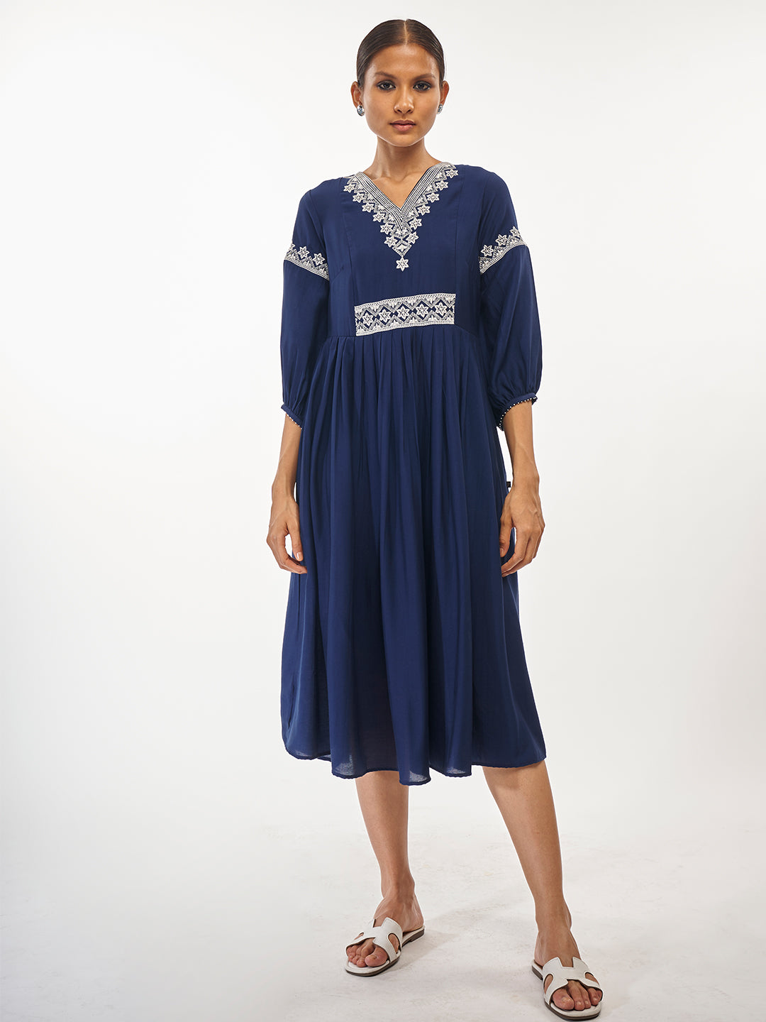 Embroidered Frilled Fit and Flare Dress - ARH541