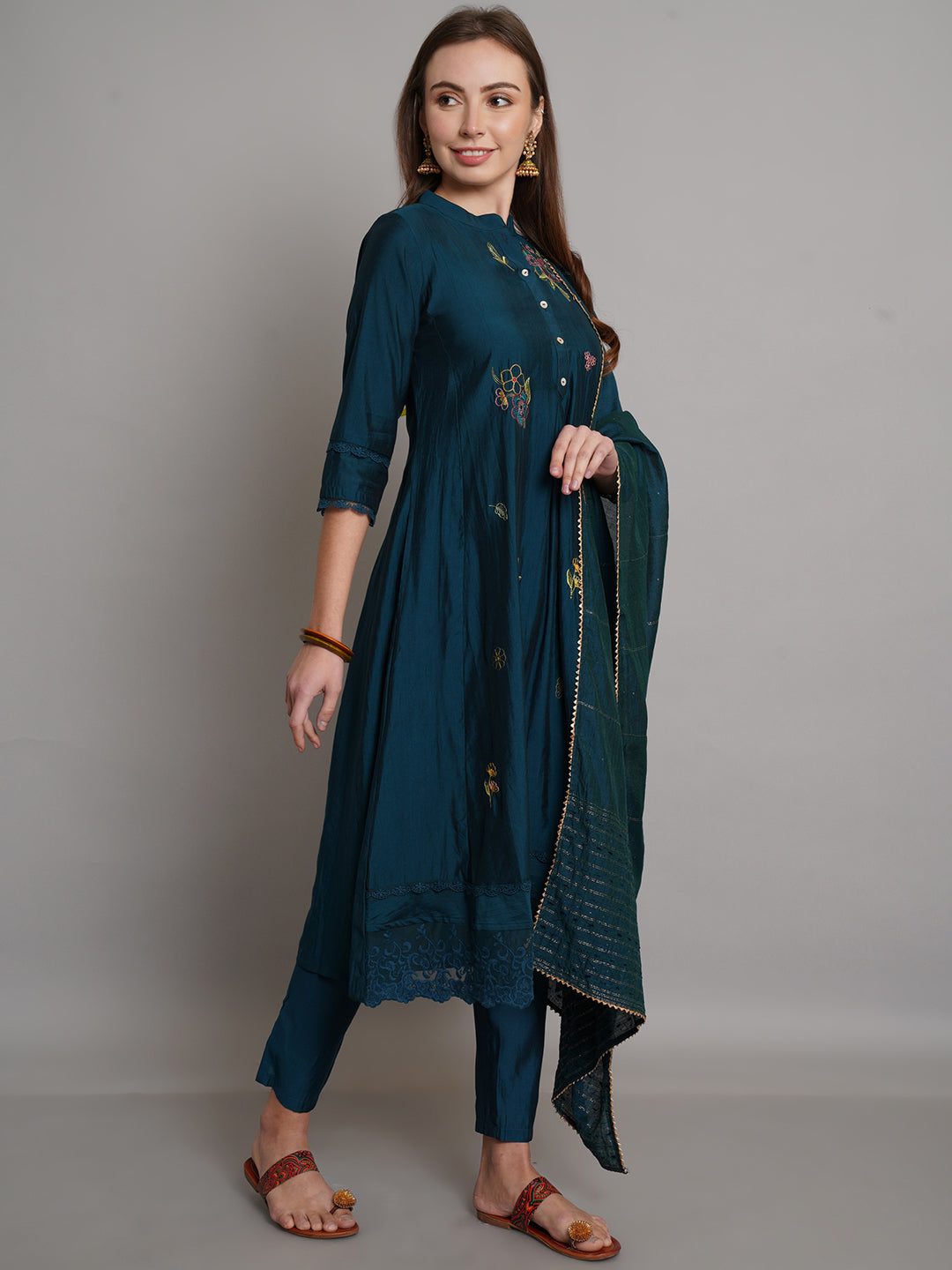 Teal Embroidered Kurta With Solid Trouser & Embellished Dupatta Set - ARH543