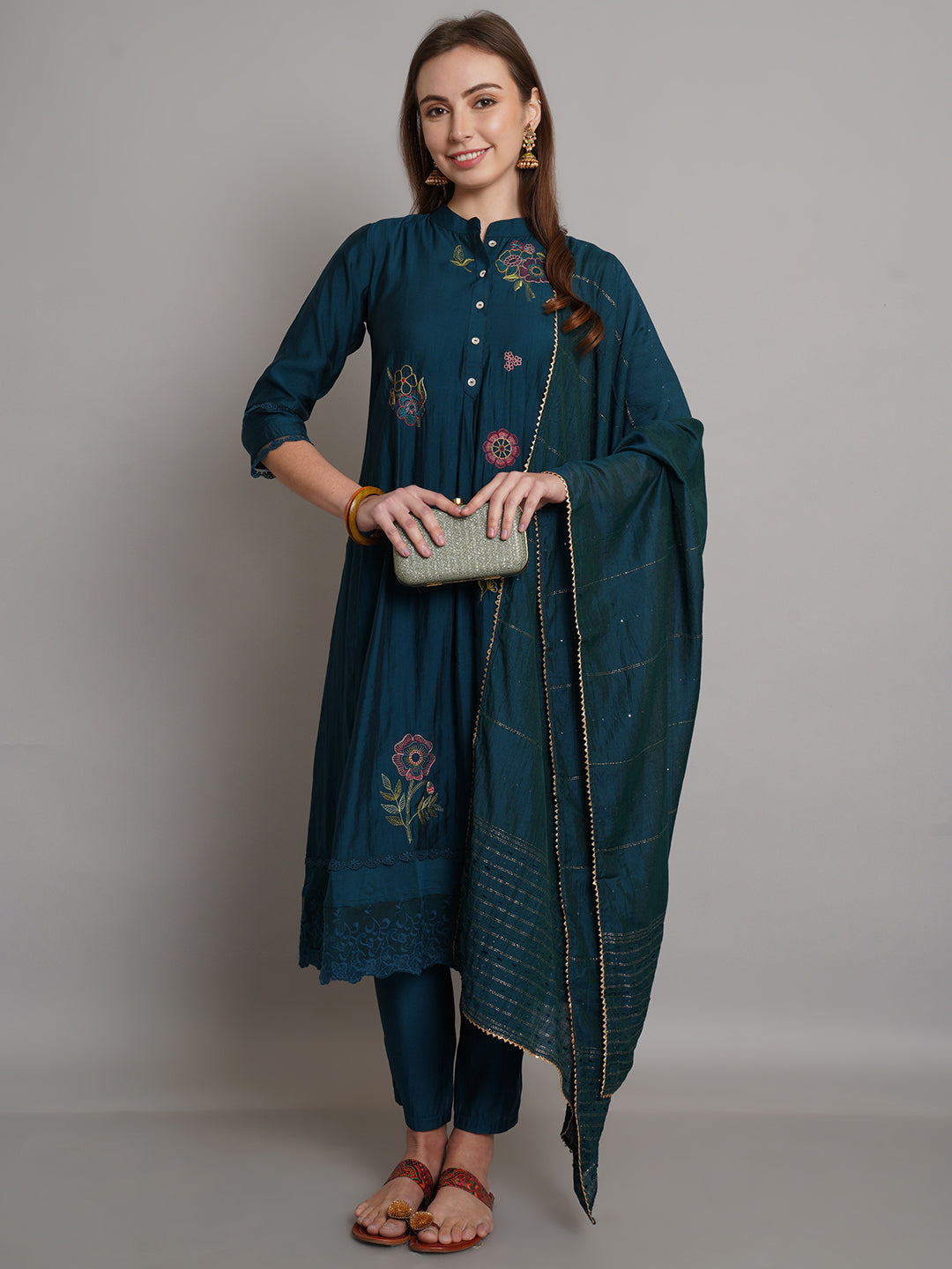 Teal Embroidered Kurta With Solid Trouser & Embellished Dupatta Set - ARH543