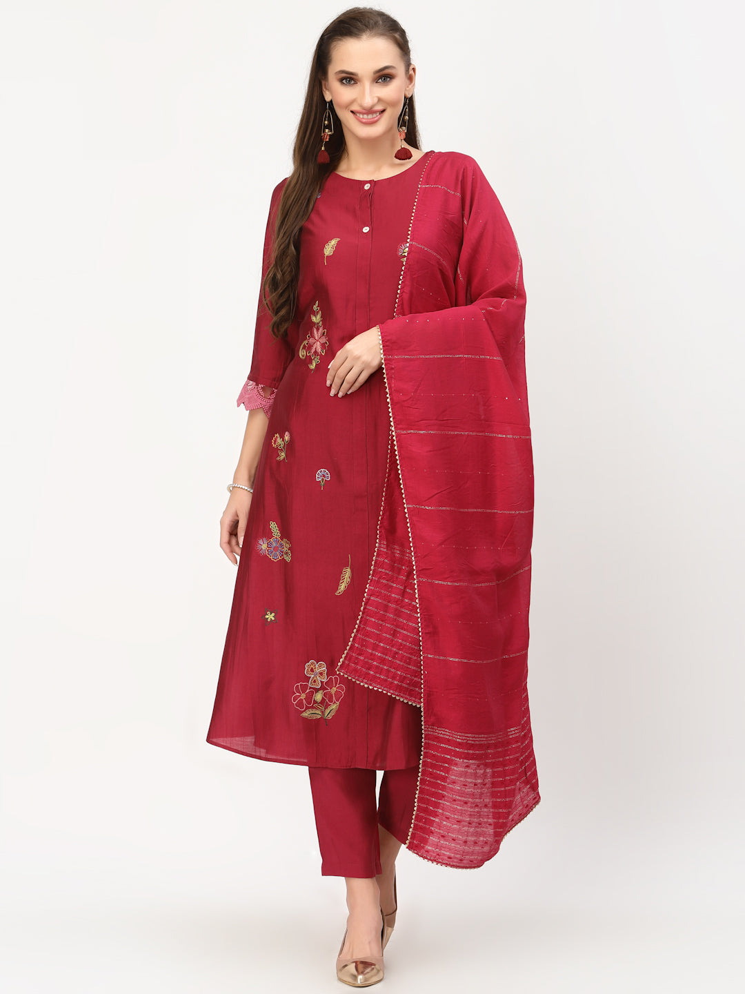 Floral Embroidered Kurta With Trouser & Dupatta Set - ARH603