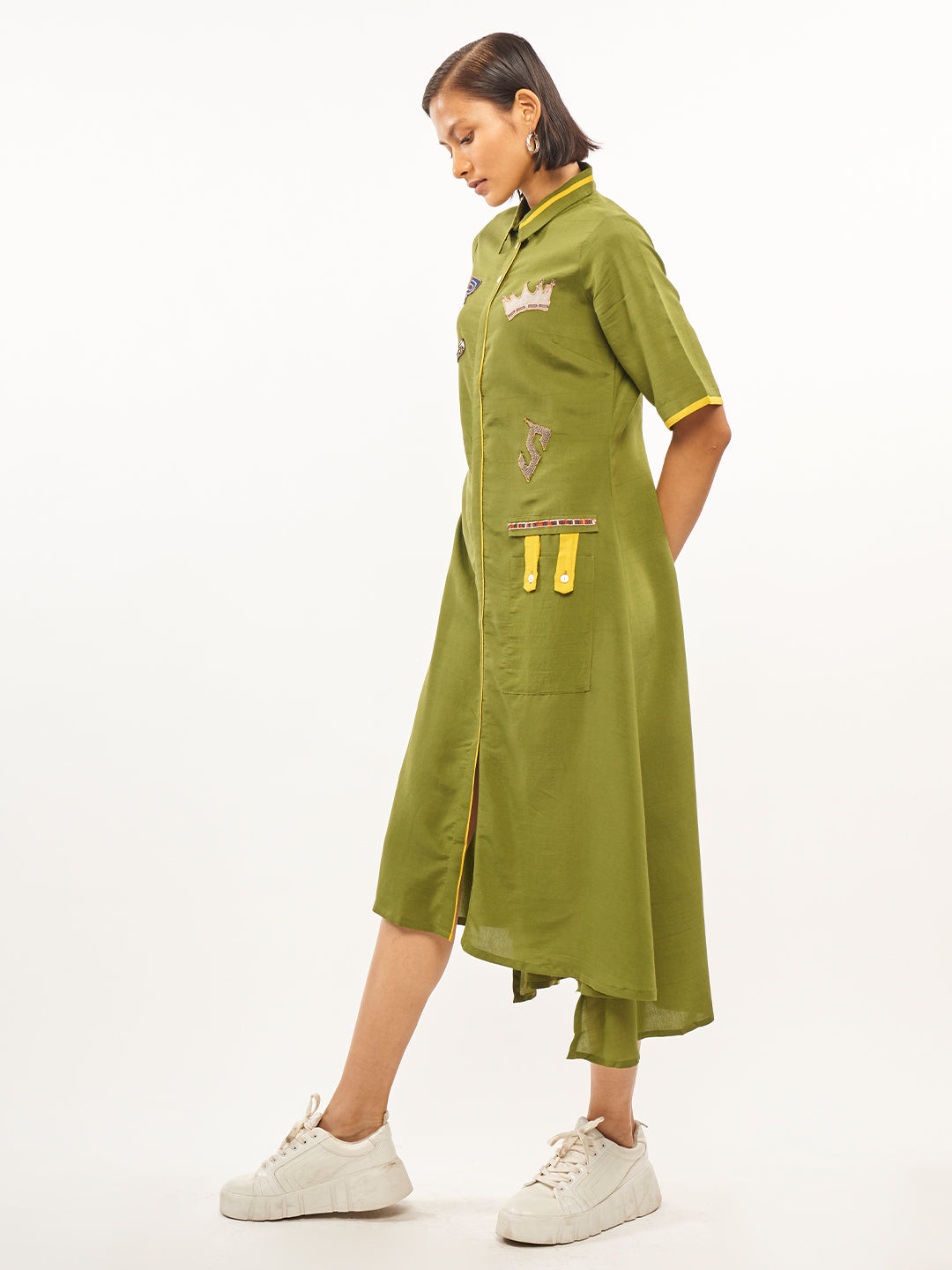 Green Shirt Dress With Patch Work - ARH686