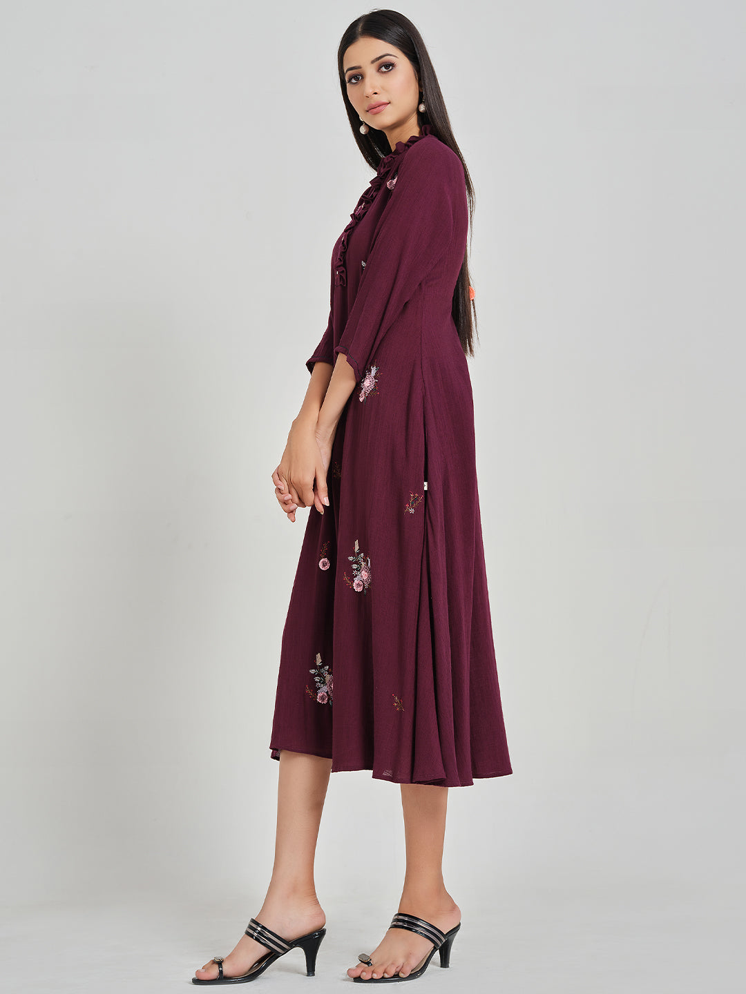 Wine Fit & Flared Ruffled Neck Dress - ARH693